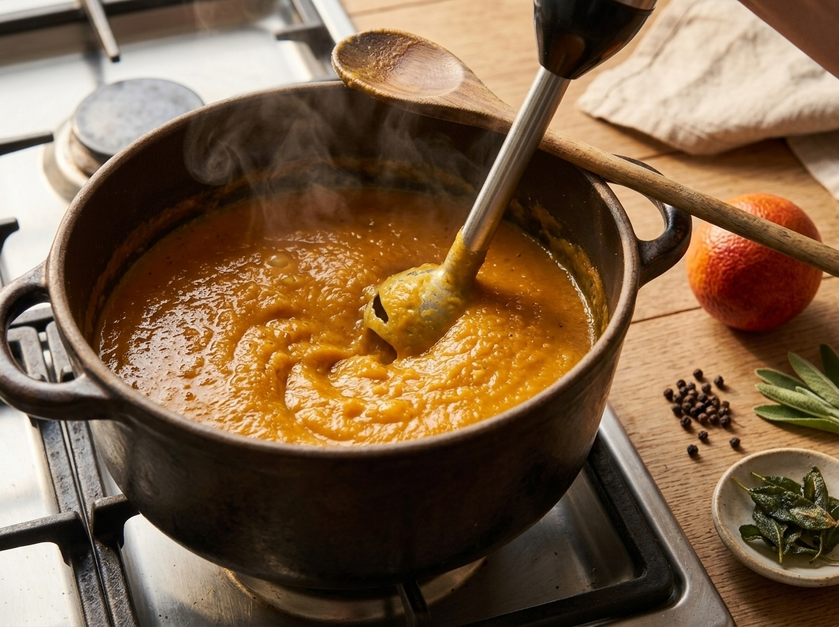 Immersion blender pureeing roasted butternut squash and stock into smooth soup inside a Dutch oven on the stovetop