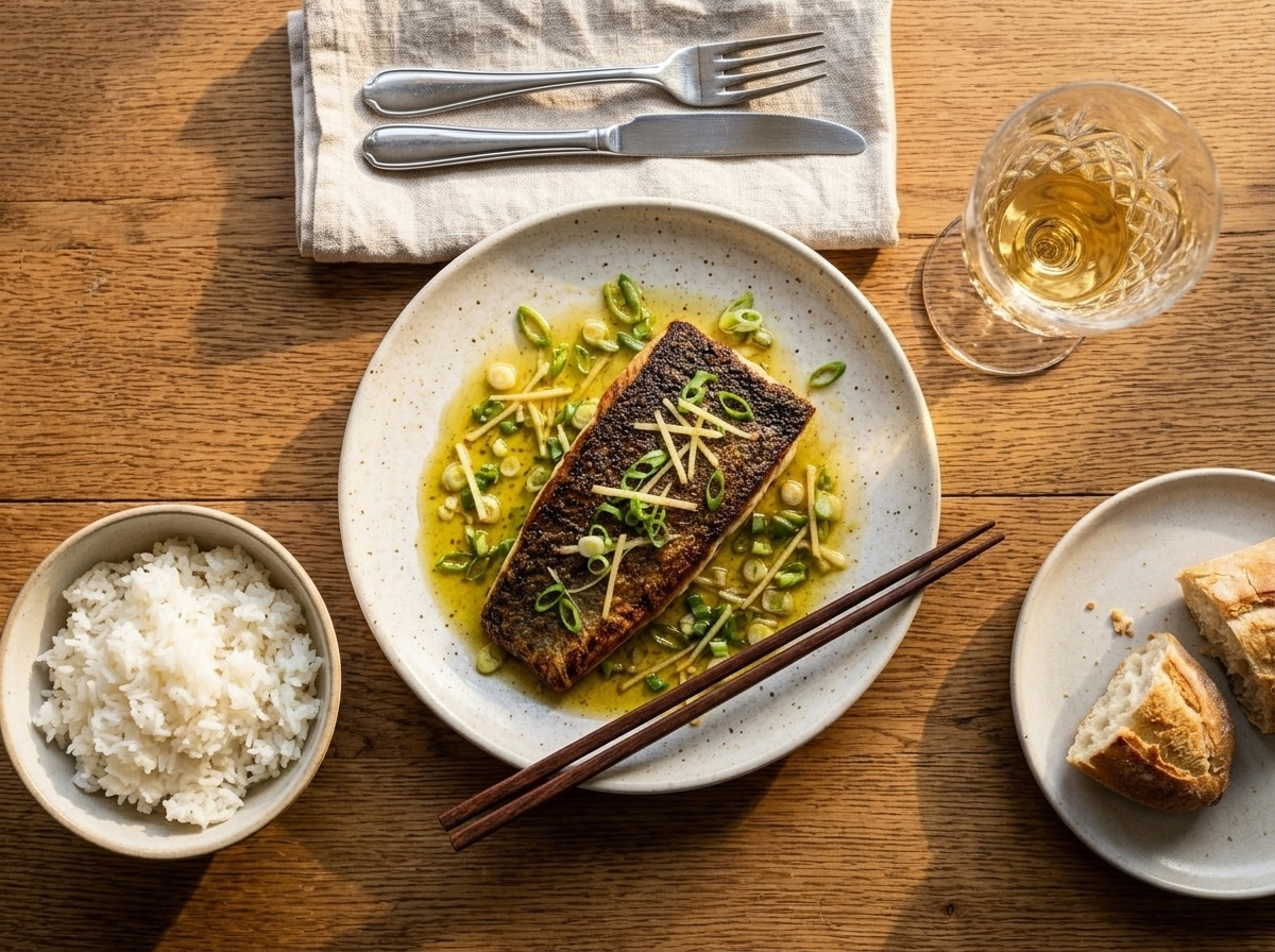 Plated crispy sea bass with ginger scallion oil served alongside steamed rice and chopsticks on a wooden table