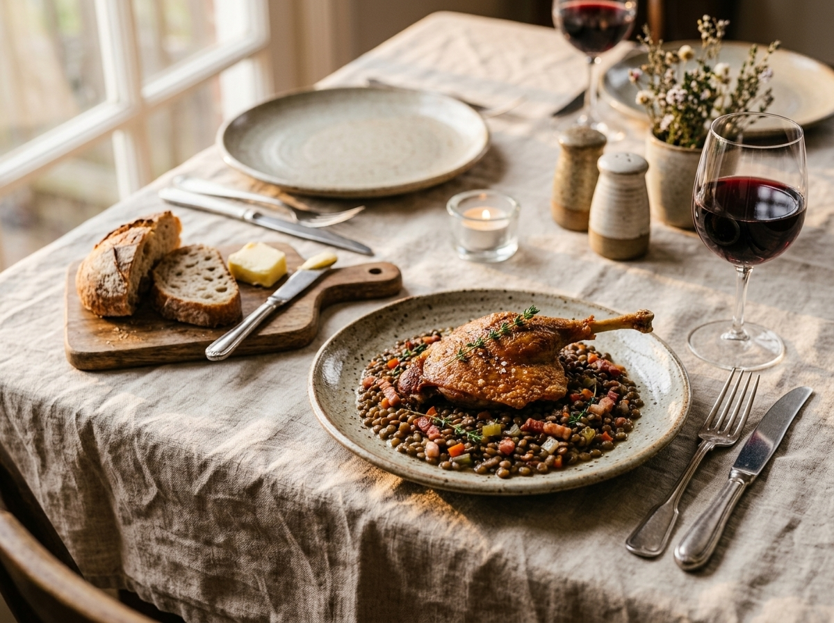 Plated crispy duck leg with bacon lentils, glass of red wine, and crusty bread on a linen table setting