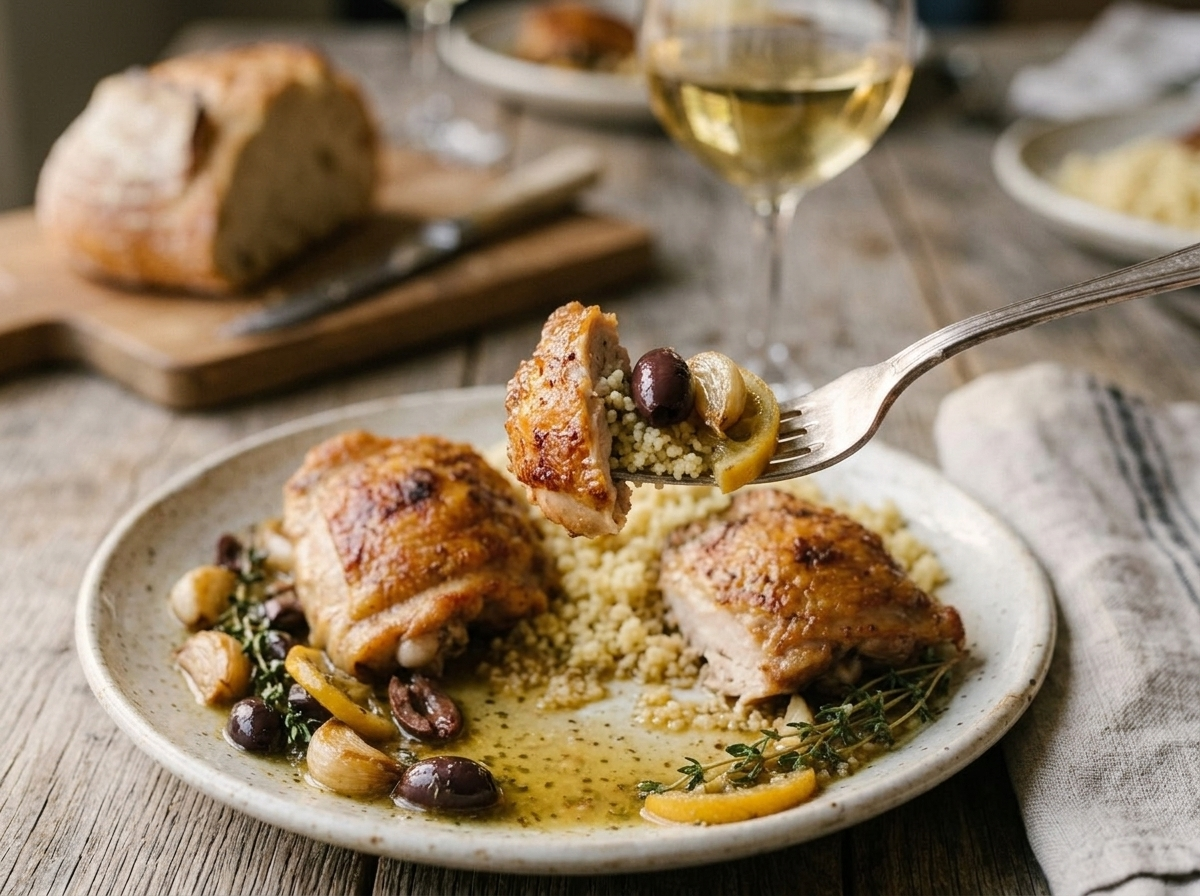 Plate of pan roasted chicken with preserved lemon sauce served over couscous with bread and a glass of wine