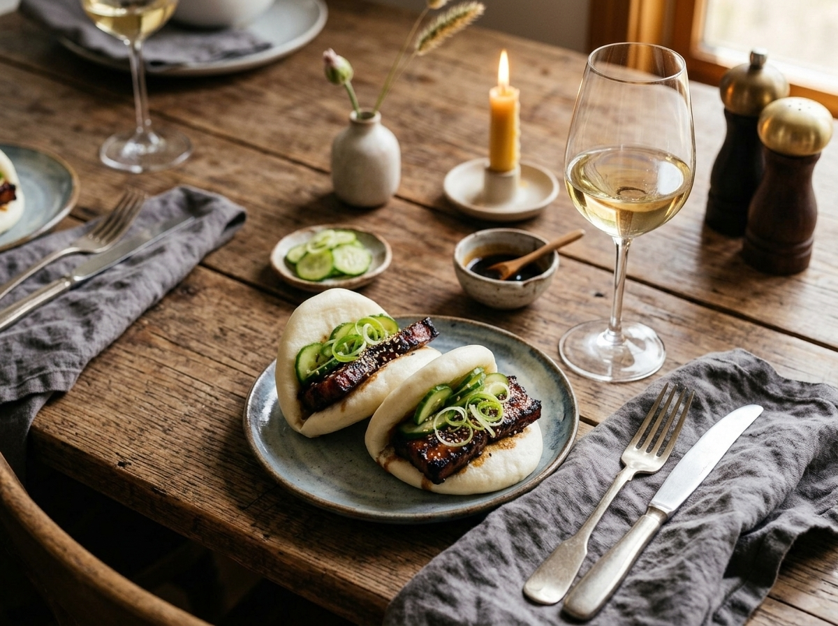 Two maple glazed pork belly bao buns plated on a wooden table with pickled cucumber and a glass of white wine