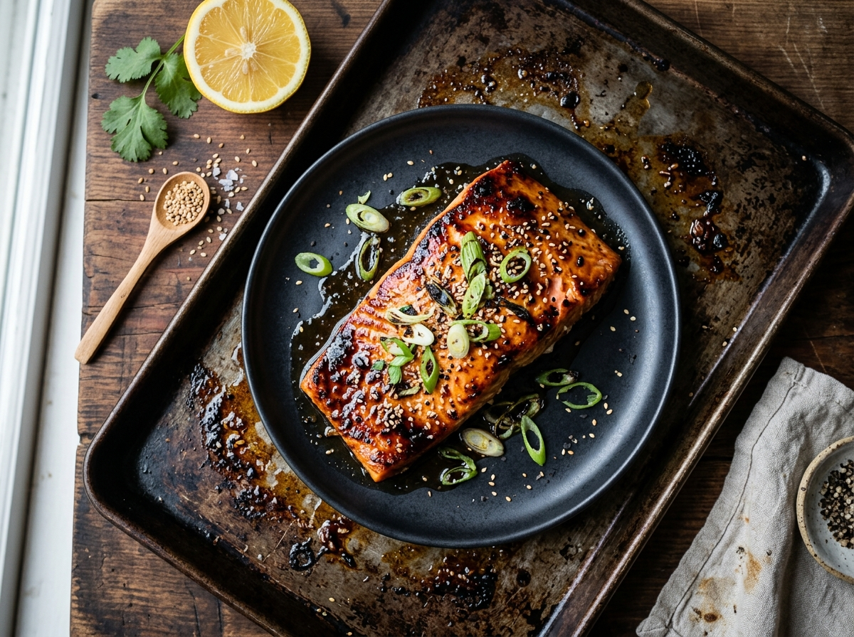 Miso butter roasted salmon fillets with caramelized glaze, scallions, and sesame seeds on a dark sheet pan