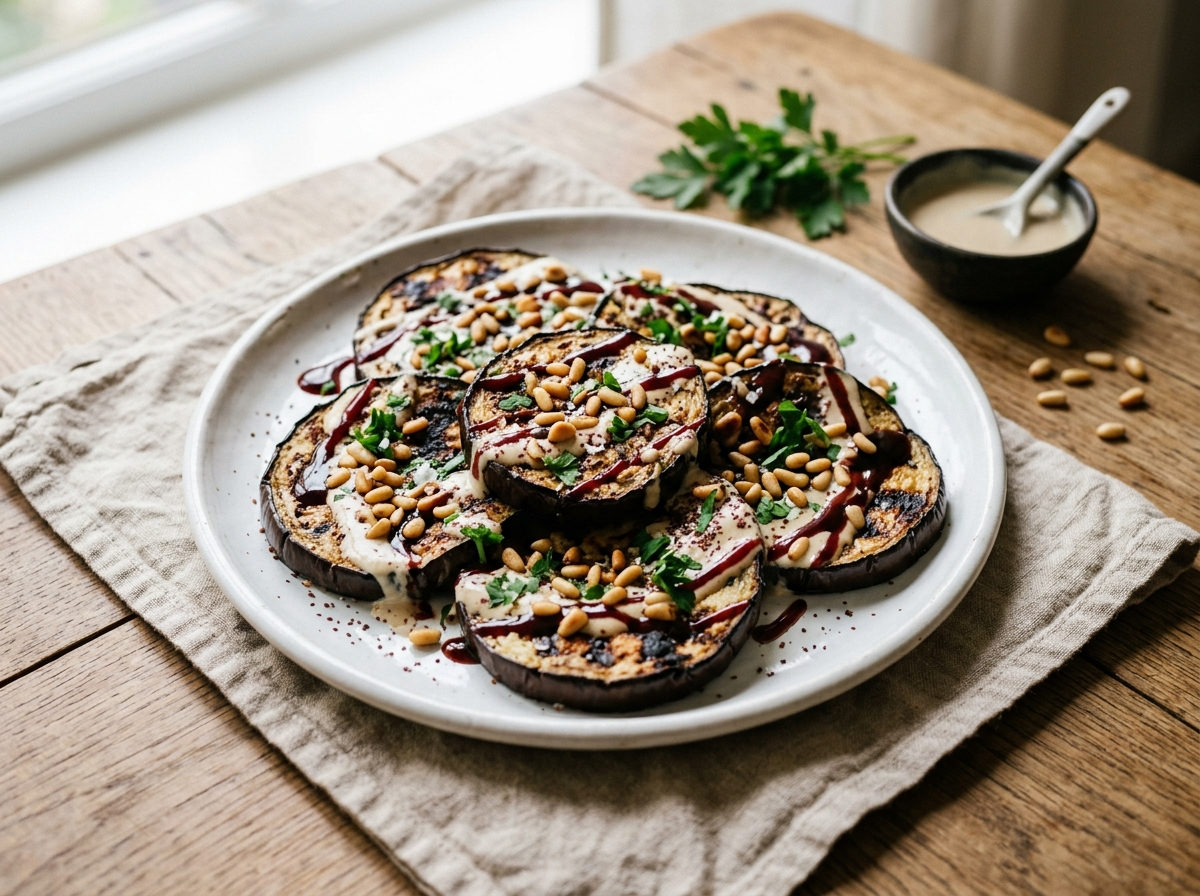 Charred grilled aubergine slices drizzled with tahini sauce, pomegranate molasses, and toasted pine nuts on a white platter
