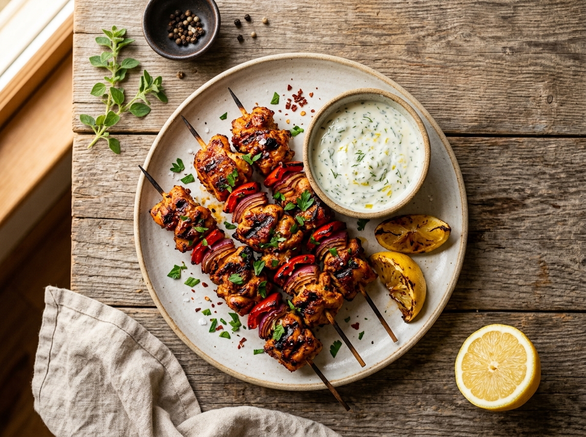 Grilled harissa chicken skewers with charred bell pepper and onion on a wooden board with lemon wedges and yogurt sauce