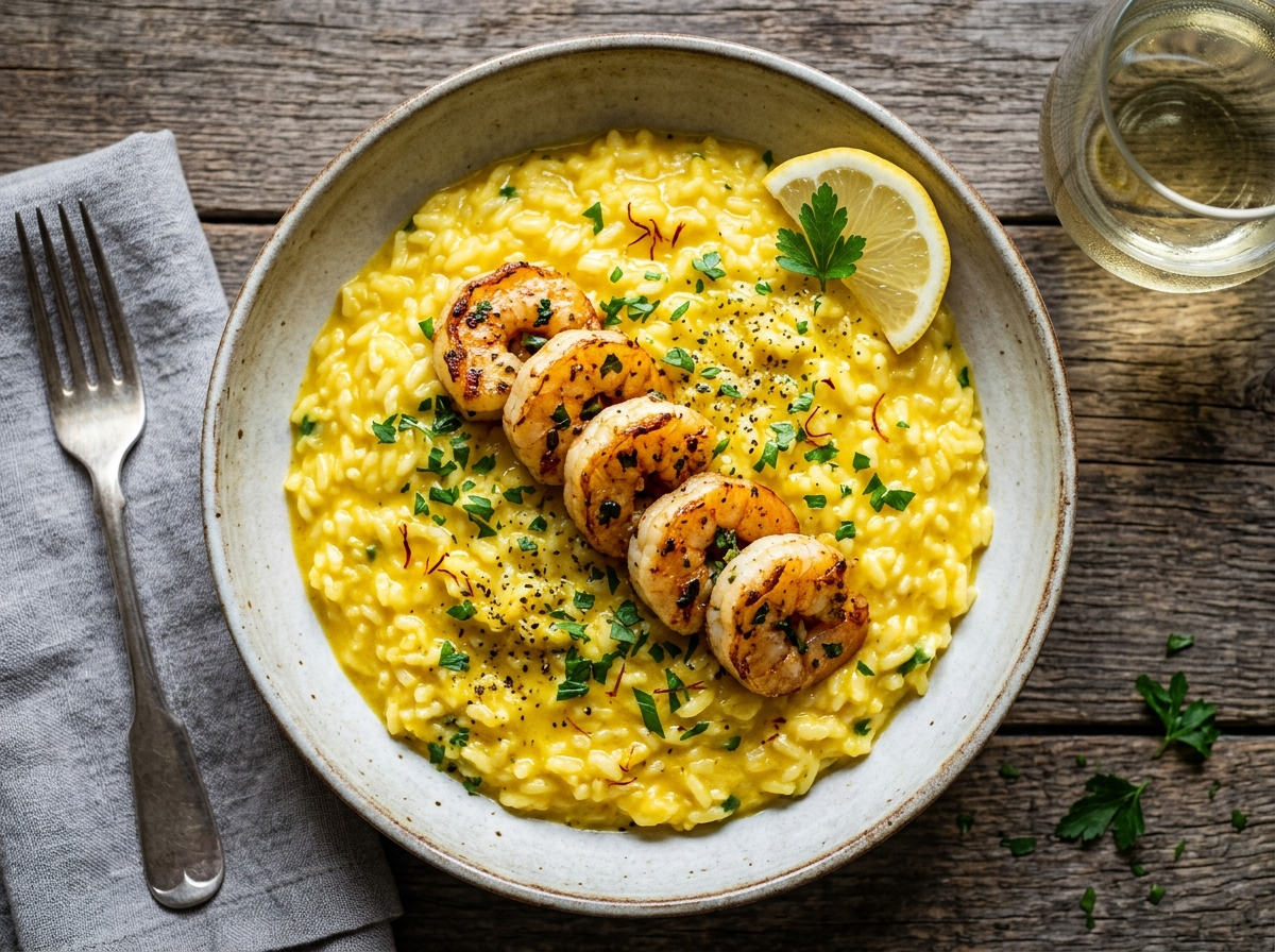 Overhead view of saffron risotto topped with pan seared prawns, parsley, and a lemon wedge in a shallow bowl