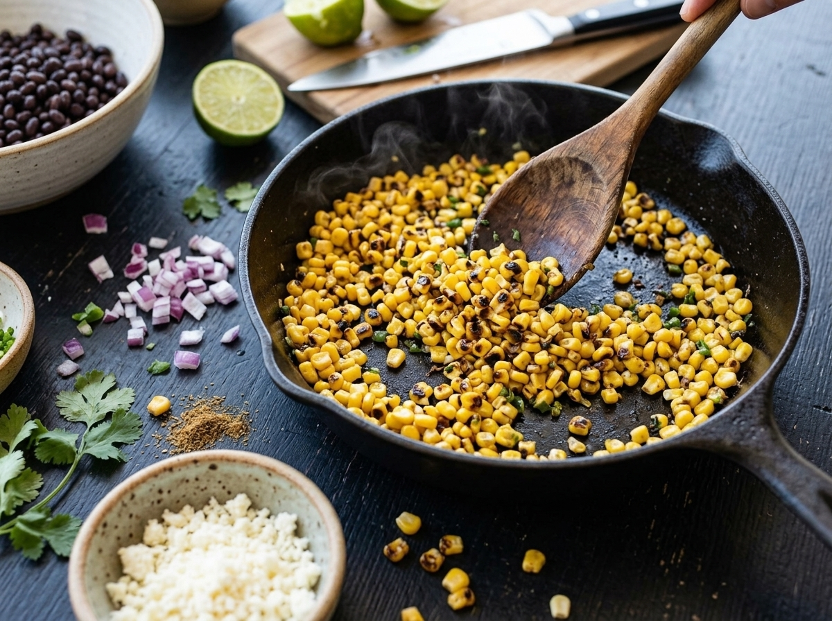 Corn kernels charring and blackening in a cast-iron skillet over high heat with a wooden spoon stirring
