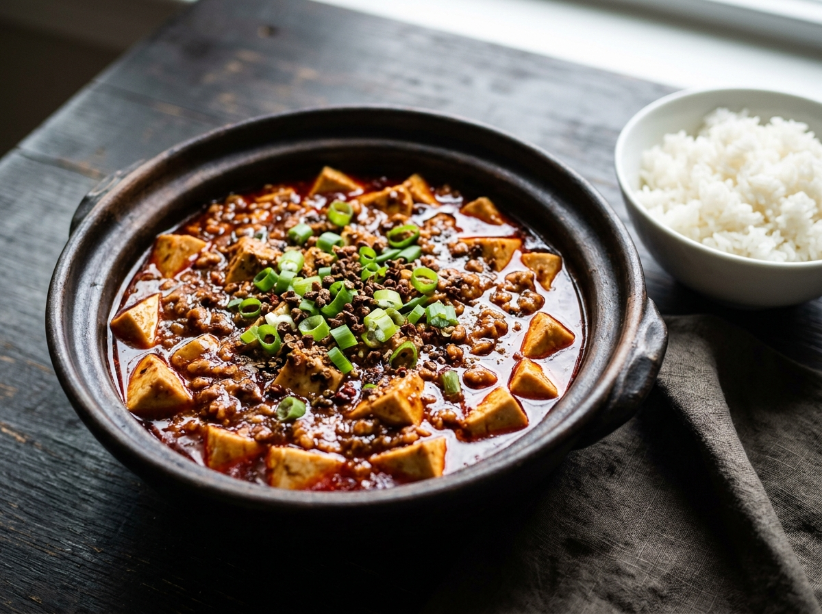 Bowl of spicy Sichuan mapo tofu with ground pork, red chili oil, and scallions served beside steamed white rice