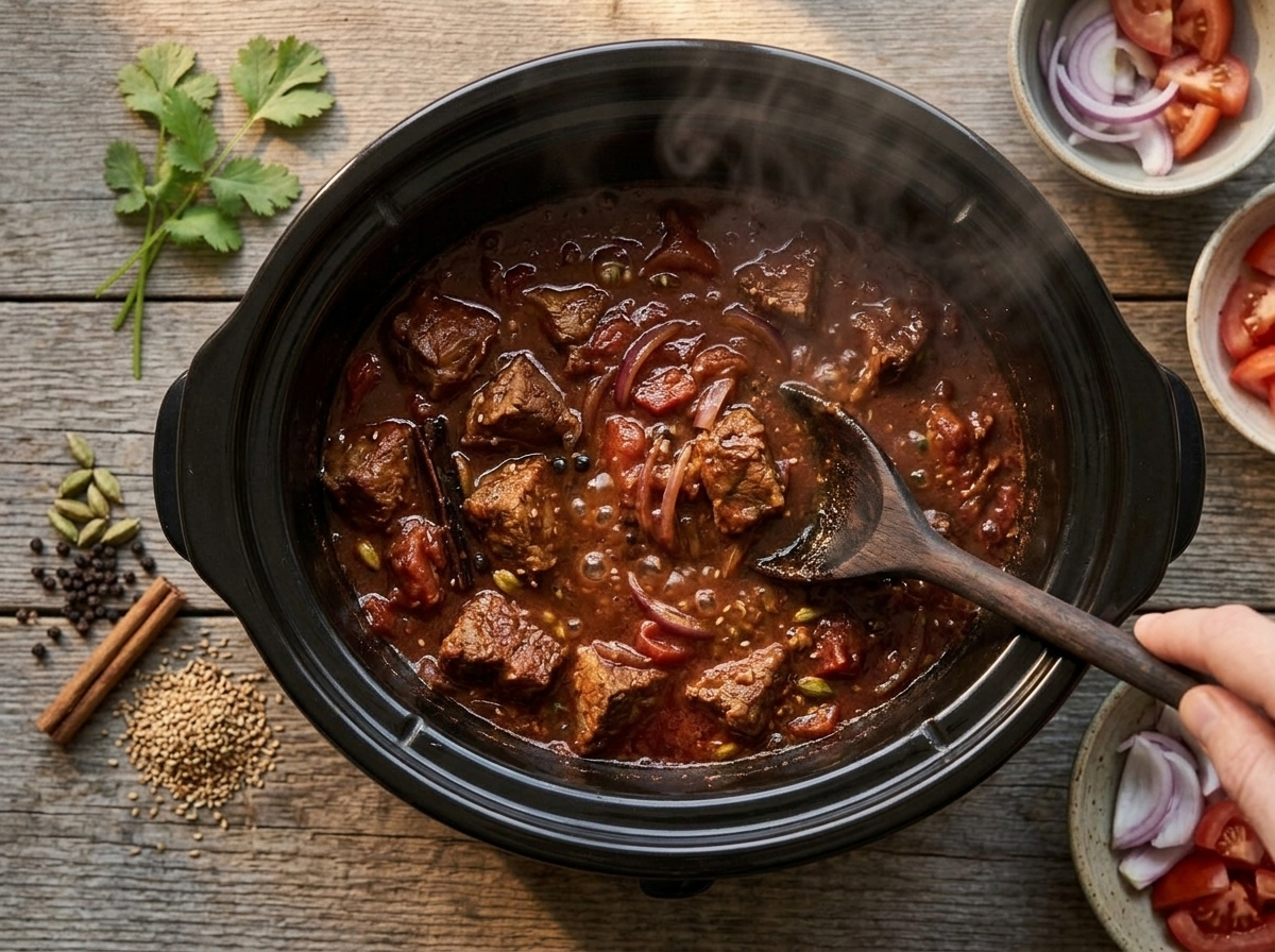 Lamb vindaloo simmering in a slow cooker insert with onions and tomatoes in a dark red sauce, wooden spoon stirring