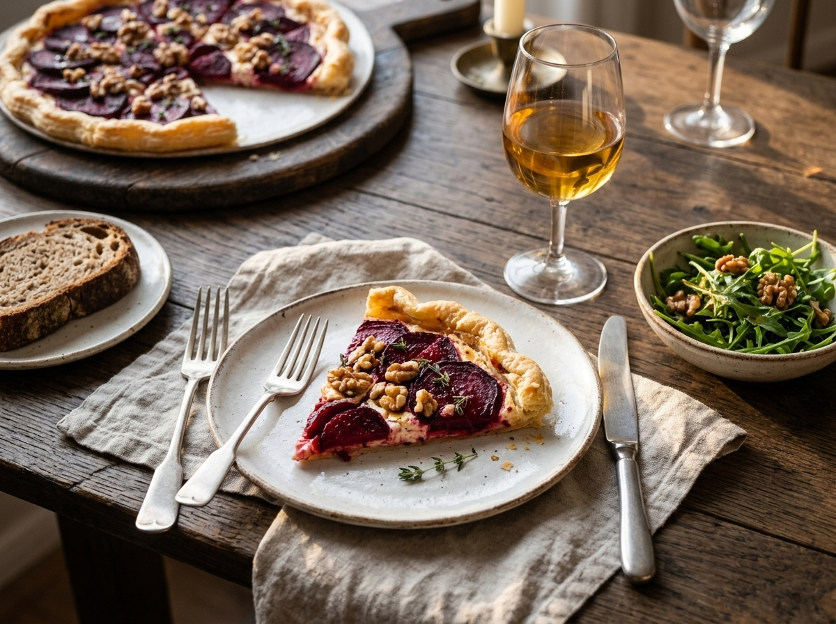 Plated slice of beetroot and goat cheese tart with arugula salad and a glass of white wine