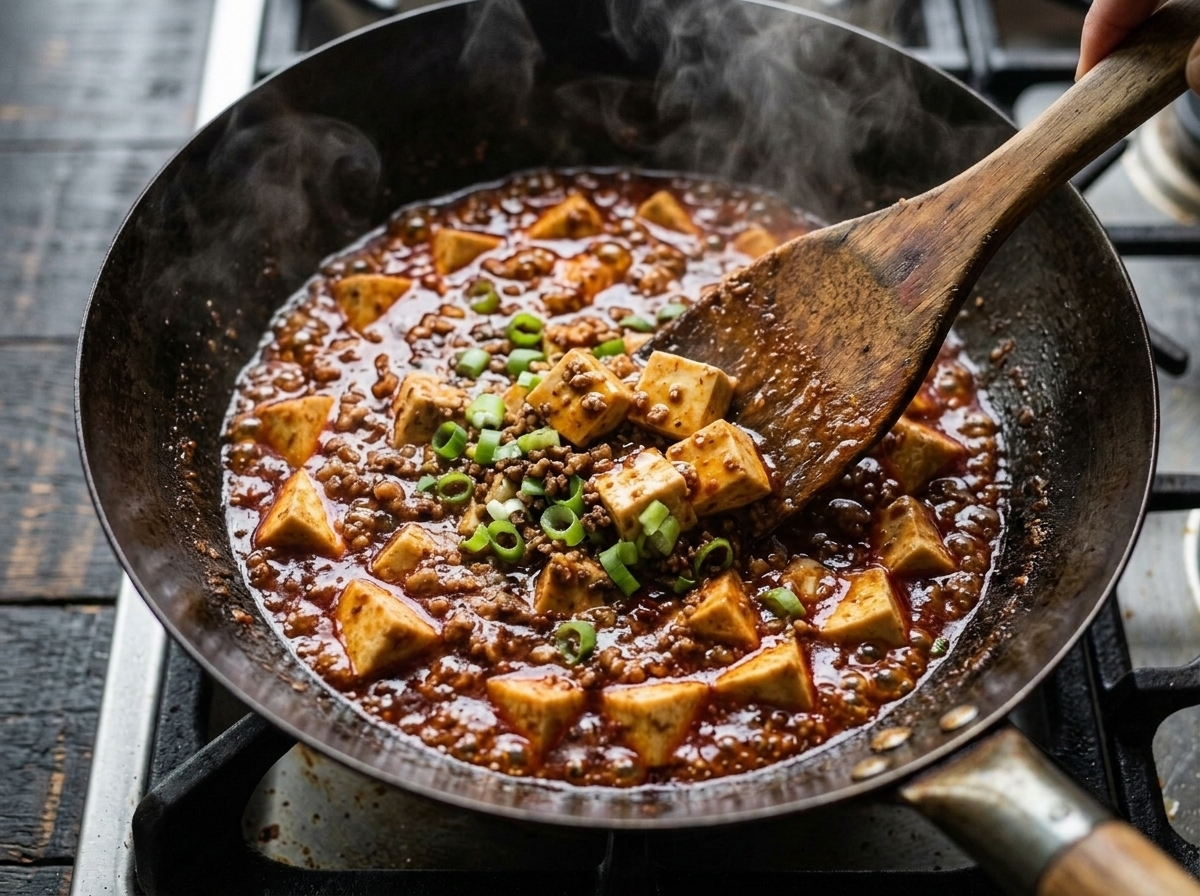 Ground pork and doubanjiang sauce simmering in a wok with tofu cubes being gently folded in with a wooden spatula