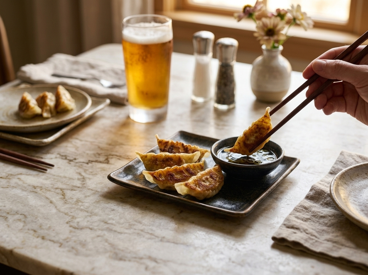 Hand dipping a crispy pork gyoza into ponzu sauce at a table set with linen napkin and glass of beer