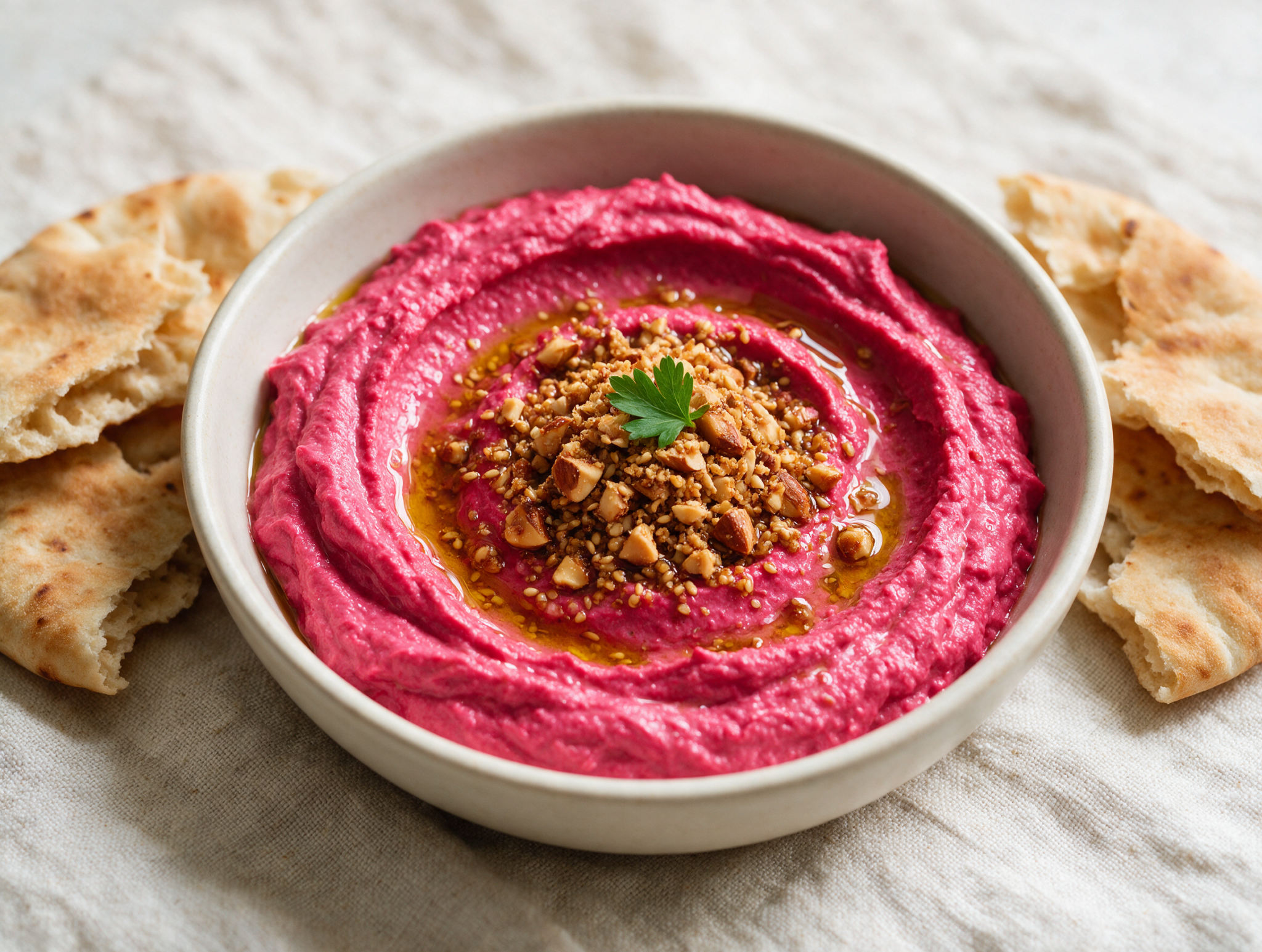 Magenta beetroot hummus swirled in a shallow bowl, topped with golden dukkah crumble and a glossy olive oil drizzle