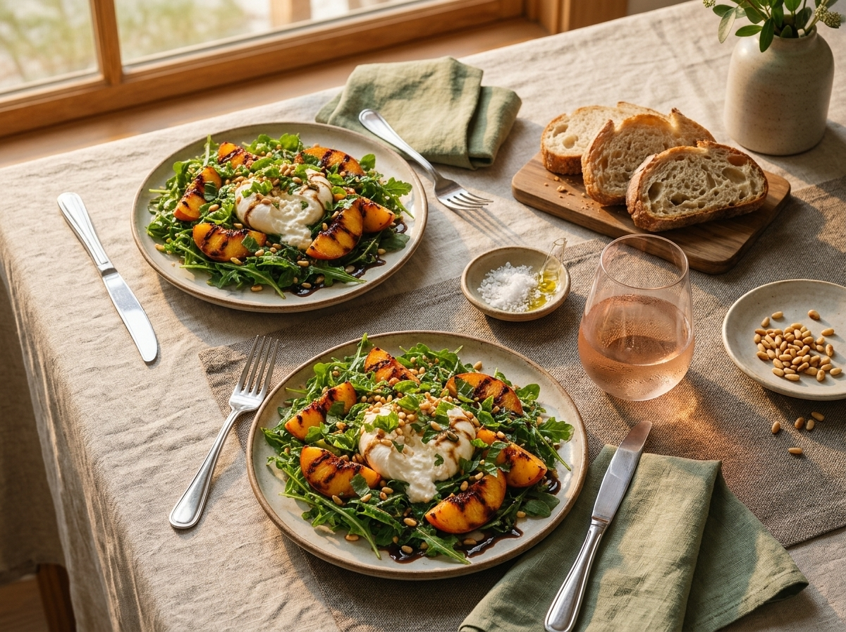 Two plates of peach and burrata salad on a linen-topped table beside a glass of rosé and crusty bread.