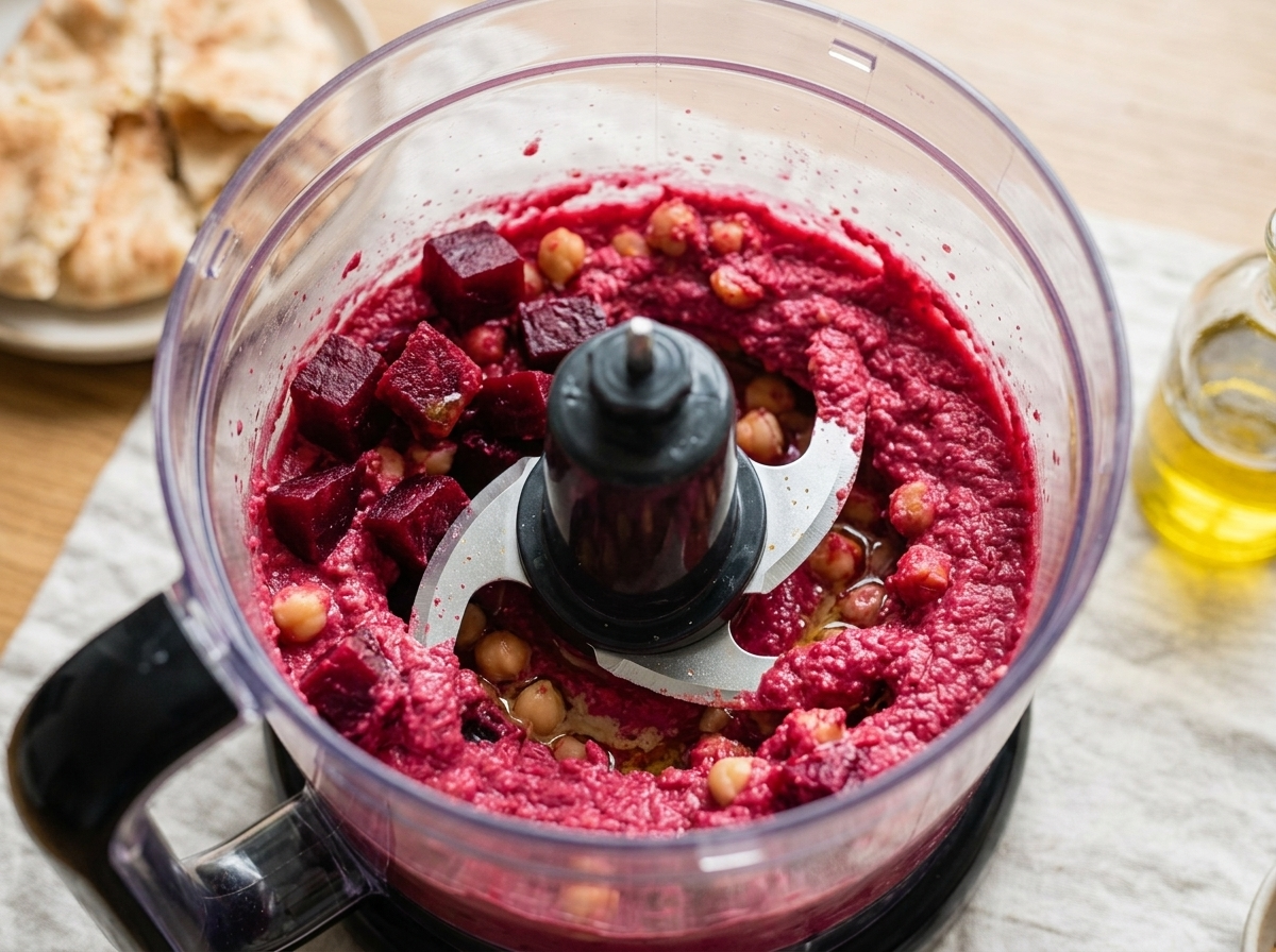 Food processor blending roasted beet chunks with chickpeas and tahini into a smooth pink hummus mixture