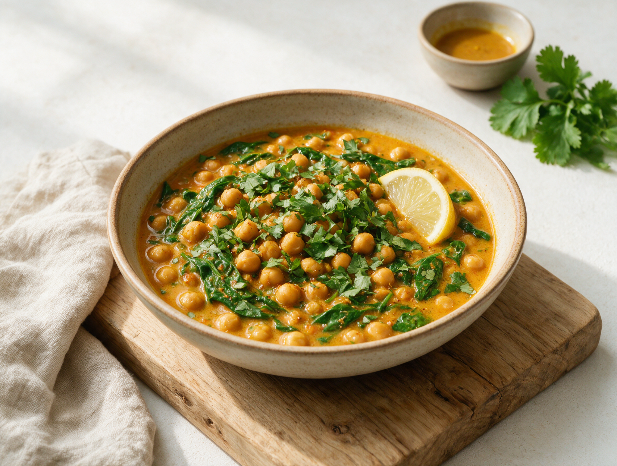 Overhead shot of spiced chickpea and spinach stew in a shallow bowl with cilantro, lemon wedge, and linen napkin