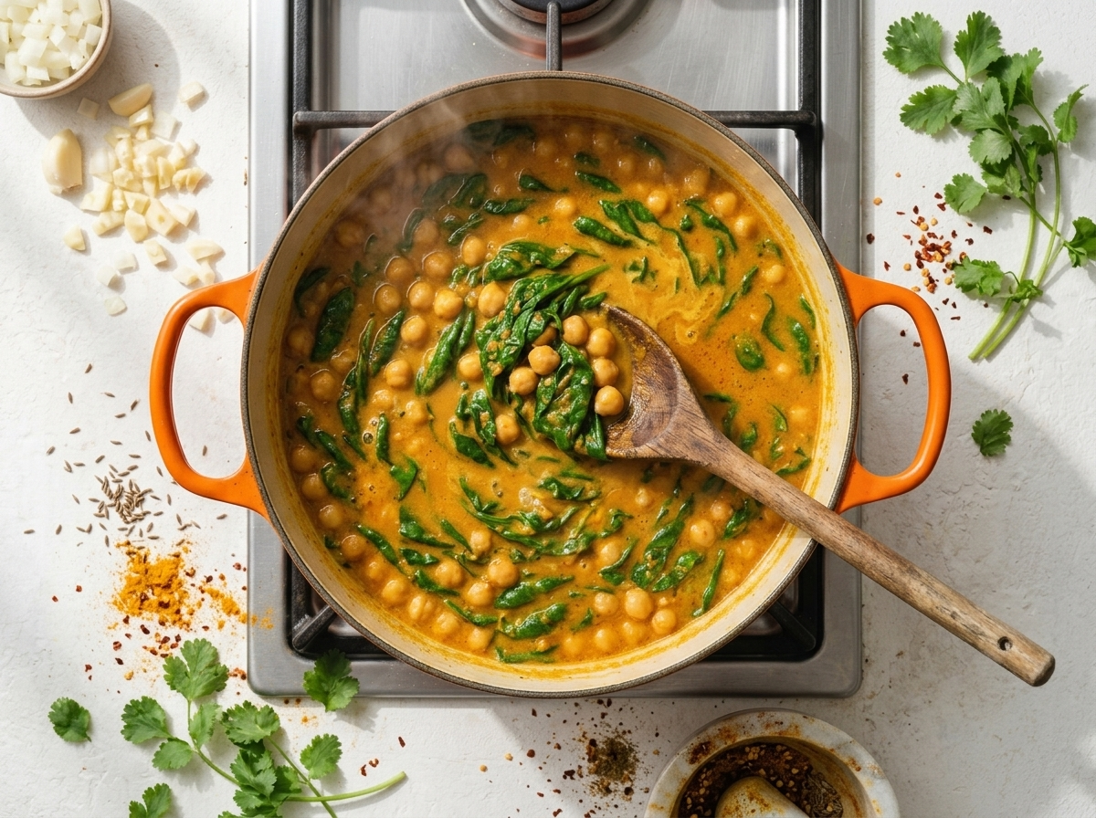 Wooden spoon stirring wilted spinach into a simmering coconut chickpea stew in a dutch oven on the stove