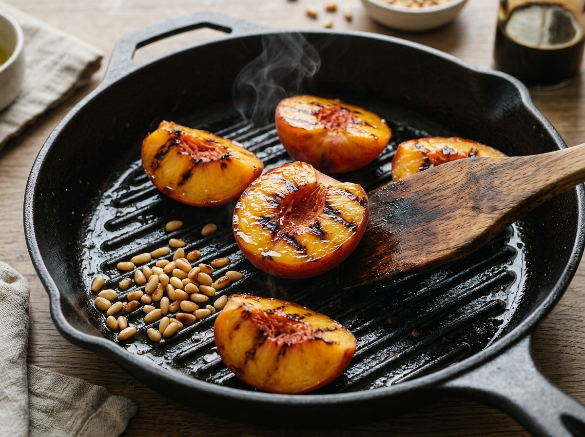 Peach halves charring cut-side down on a cast-iron grill pan, grill marks forming as steam rises.