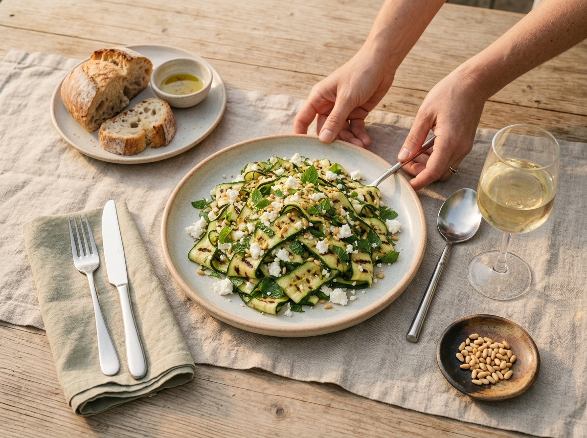 Linen-topped outdoor table at golden hour with a bowl of courgette salad, crusty bread, and a glass of white wine