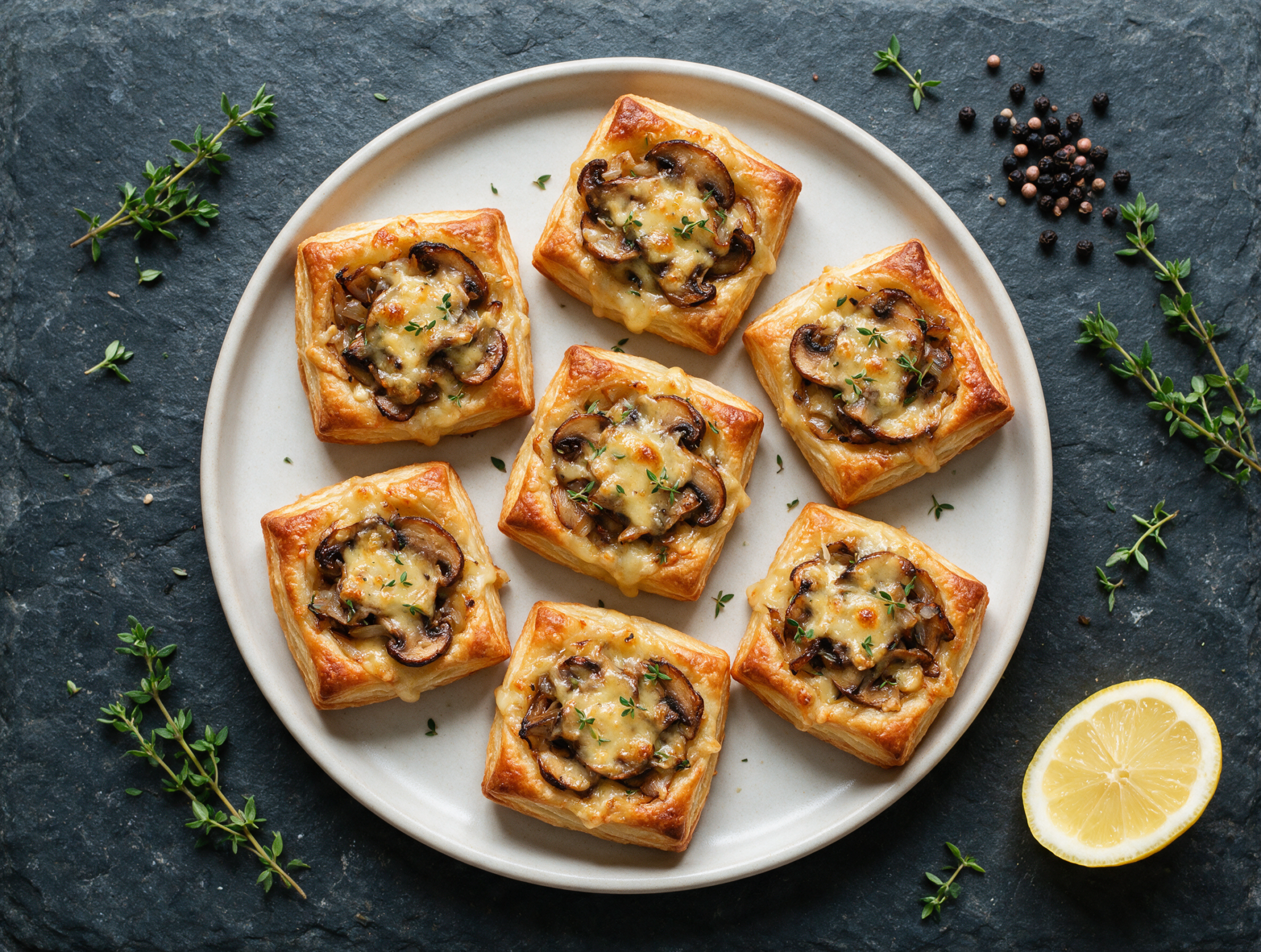 Six golden mushroom and thyme tartlets with melted Gruyère cooling on a dark slate board with scattered thyme sprigs.