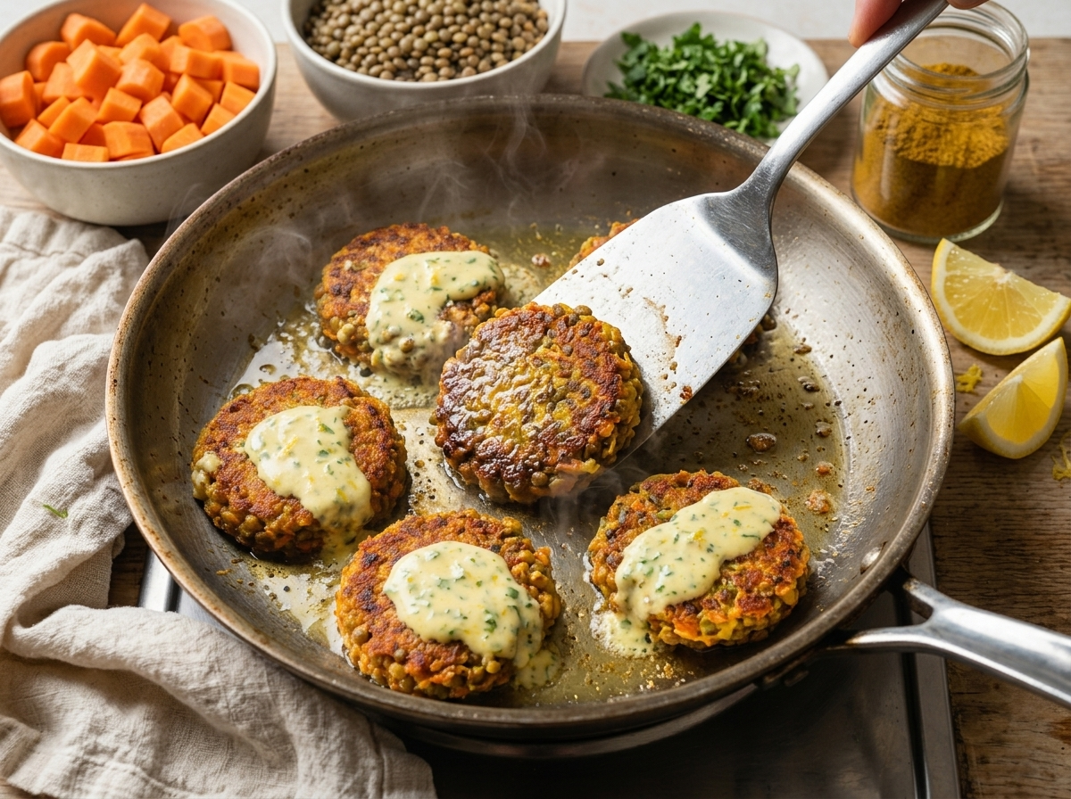 Cook pressing a carrot and lentil fritter flat in a sizzling skillet with golden edges forming