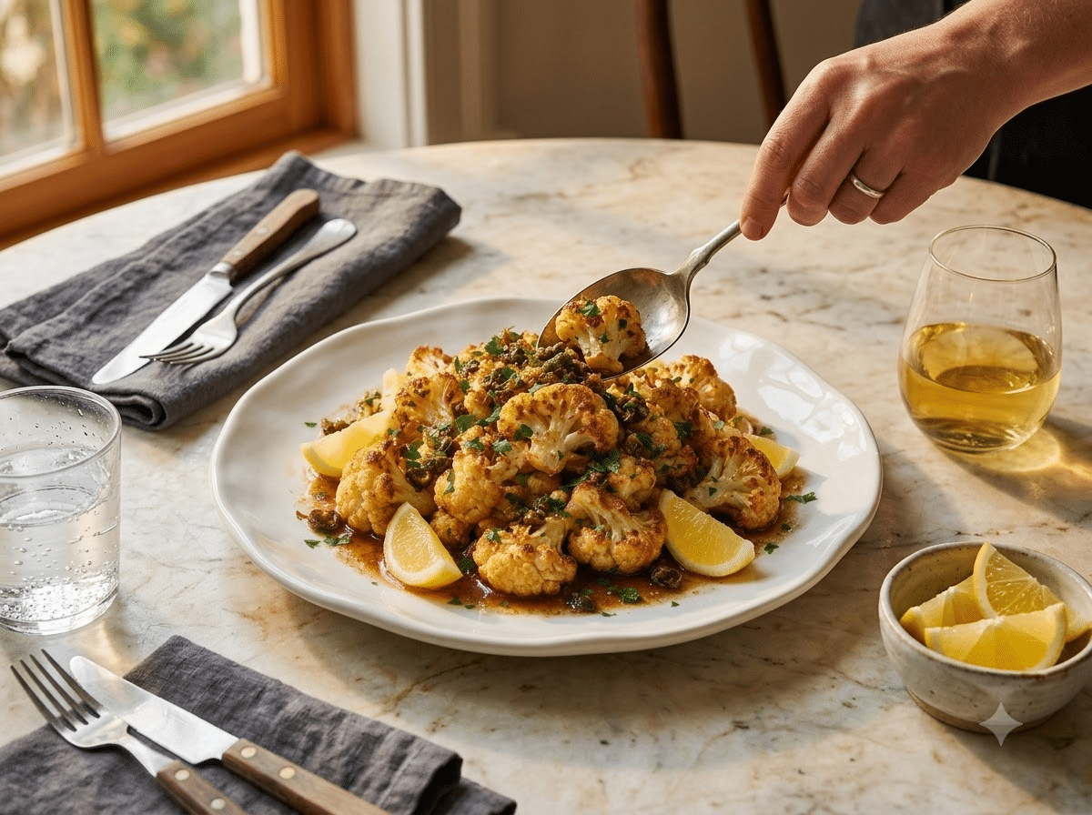 Wooden table scene with a linen napkin, glass of white wine, and a shared platter of cauliflower ready to eat