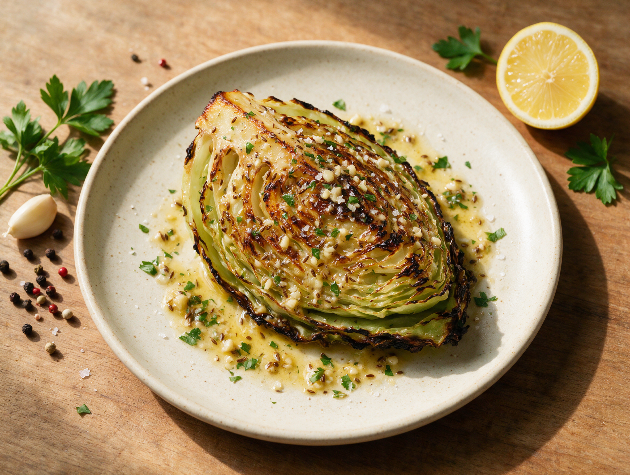 Charred cabbage wedge with blistered black edges and melted caraway butter pooling on a rustic wooden board