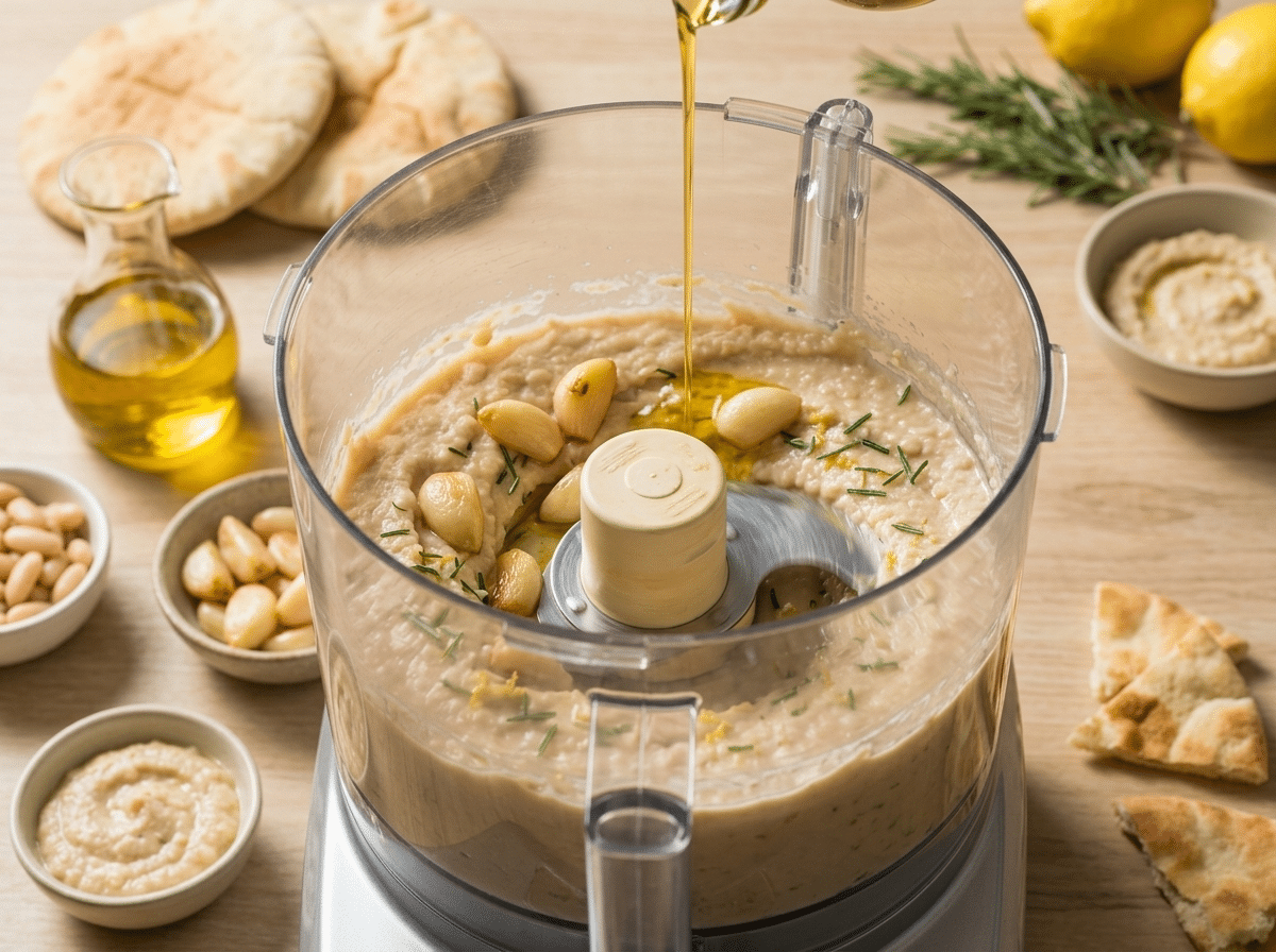 Food processor blending roasted garlic cloves, white beans, and tahini into a smooth pale puree with oil streaming in