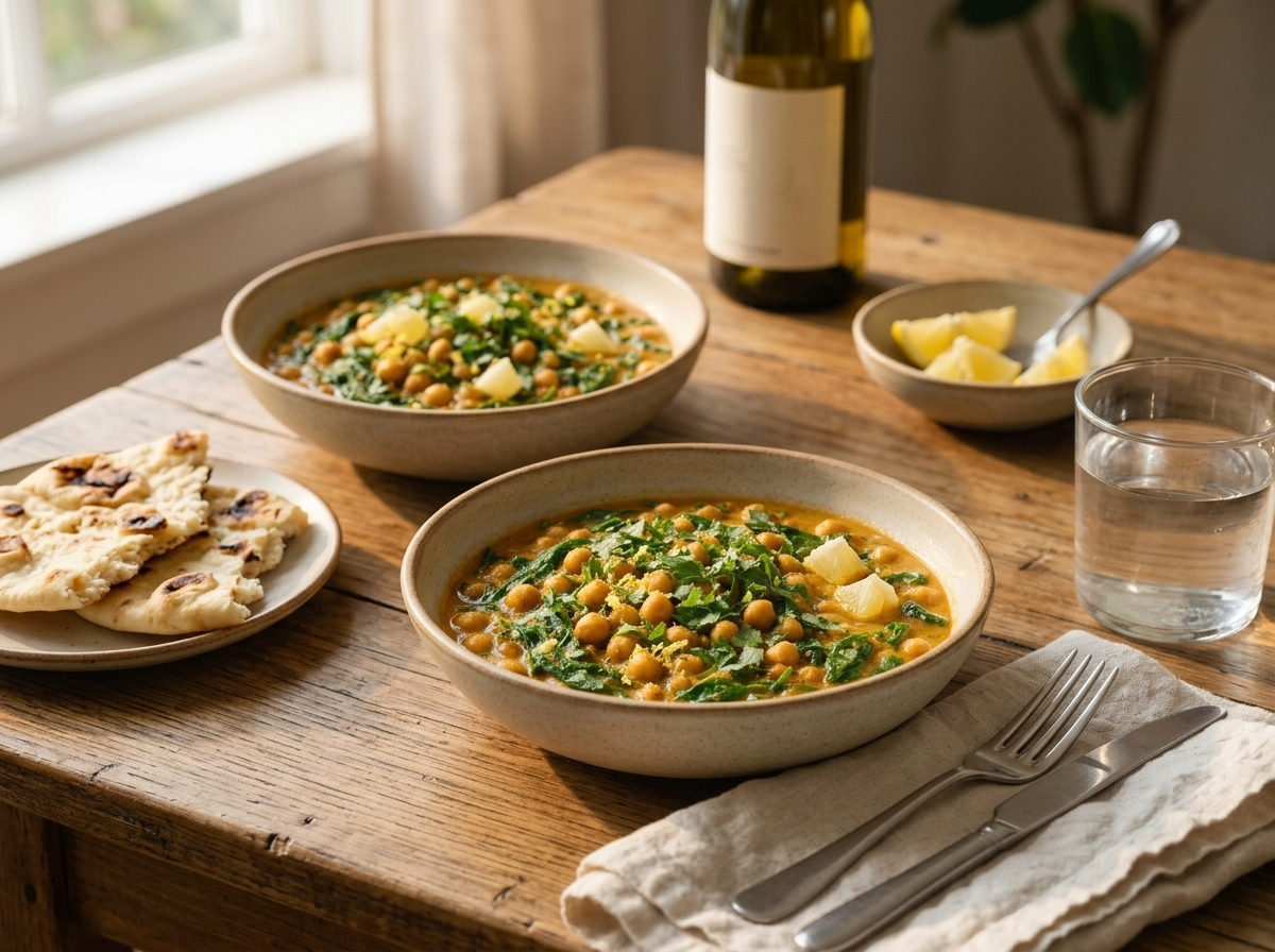 Two bowls of chickpea spinach stew on a wooden table with warm naan, a linen napkin, and a glass of water