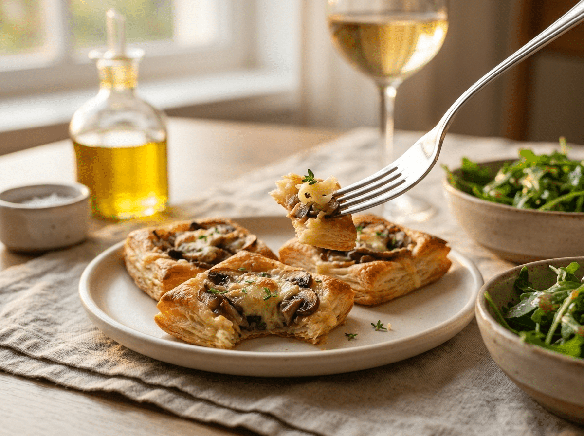 Linen table setting with a plated mushroom tartlet, a glass of white wine, and a small arugula salad in warm evening light.