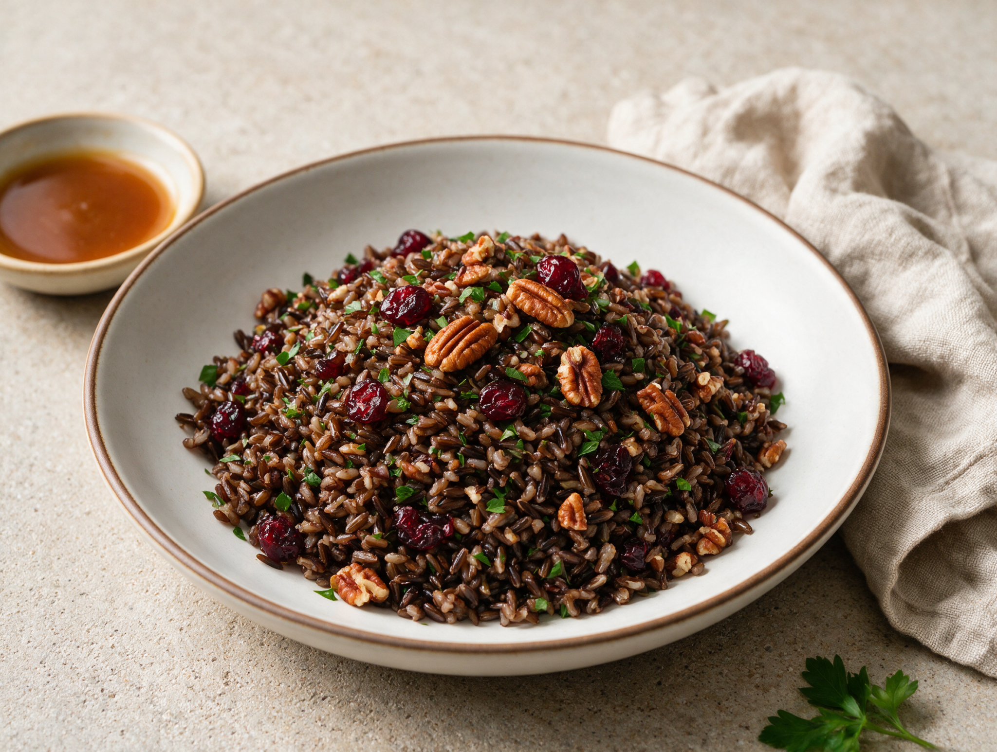 Overhead shot of wild rice and cranberry pilaf in a white bowl, studded with toasted pecans and parsley on a linen napkin.