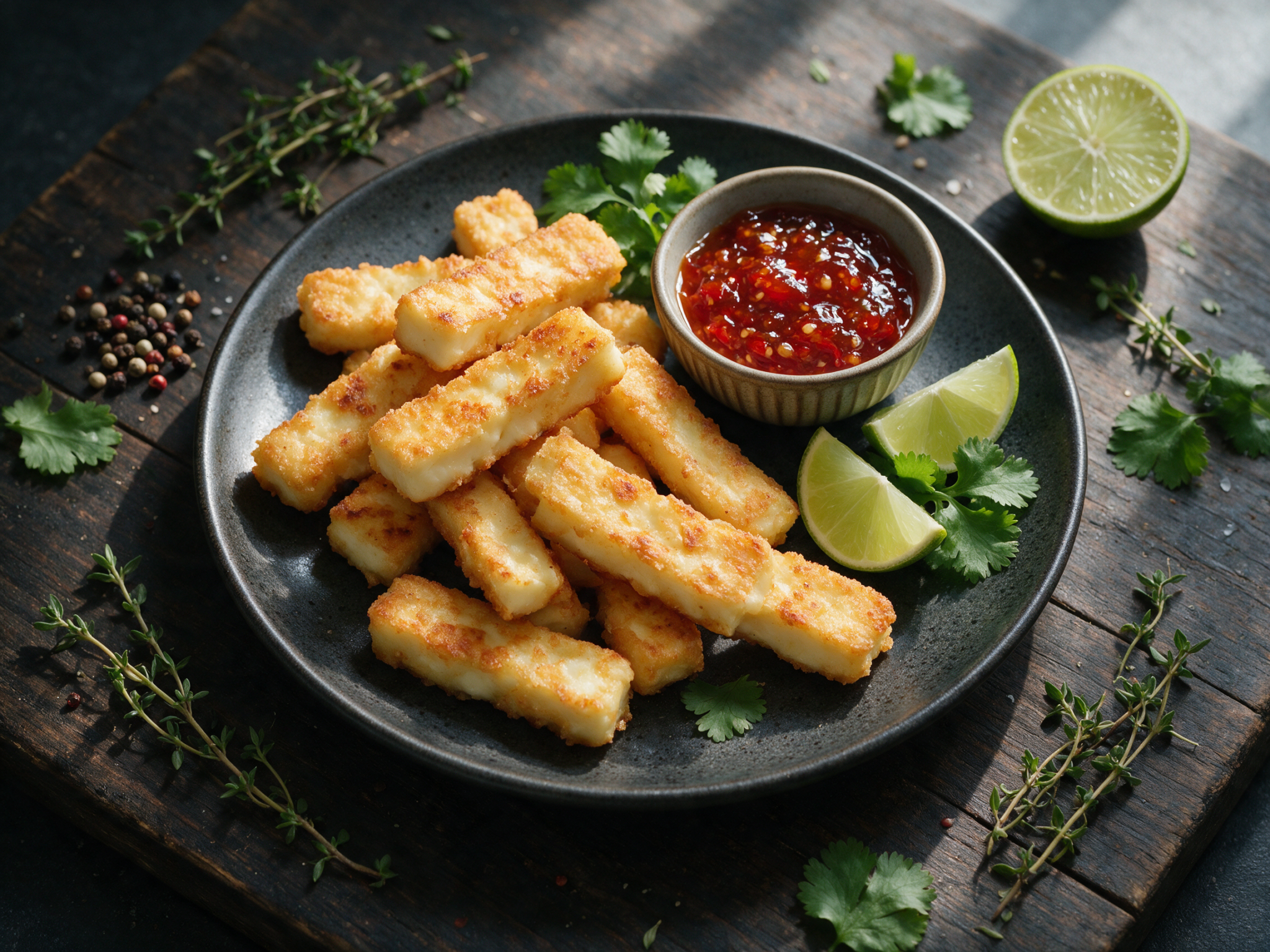 Golden halloumi fries stacked on a dark plate with a bowl of glossy red chili jam and scattered lime wedges.