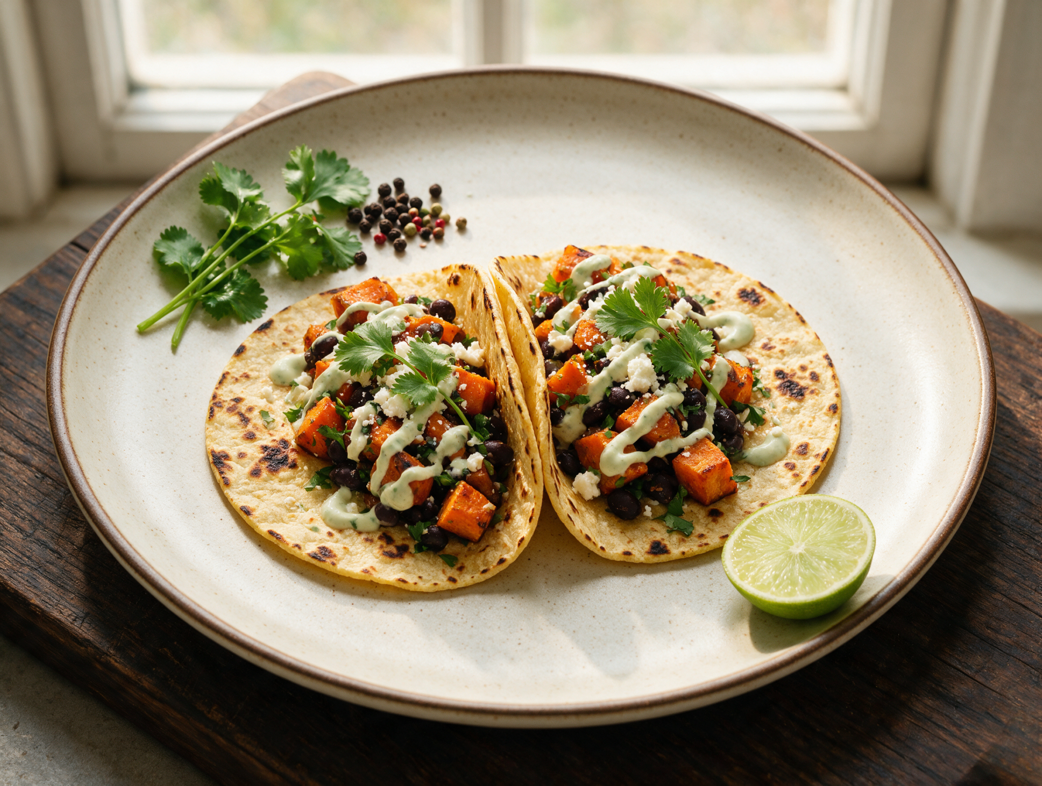 Two roasted sweet potato and black bean tacos on a wooden board with lime crema drizzle and scattered cilantro leaves