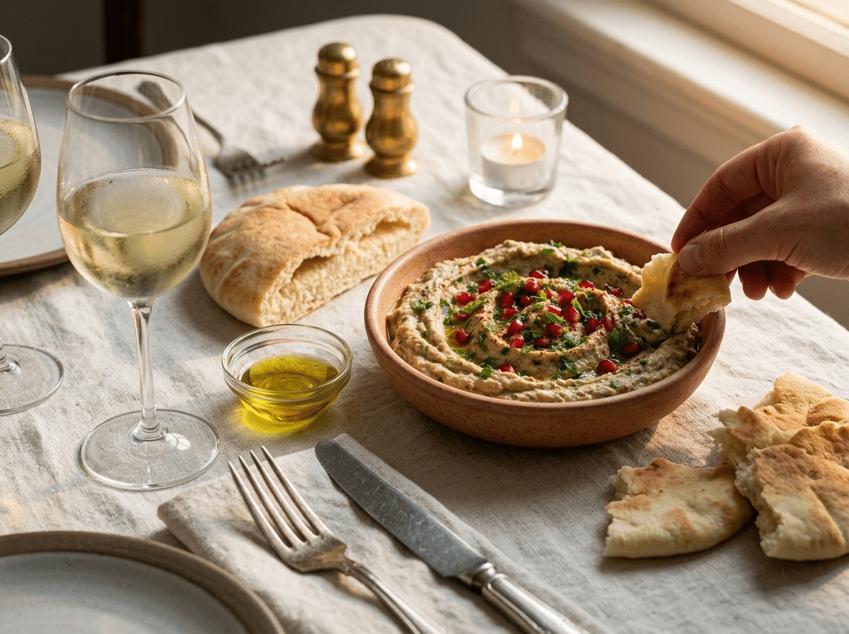 Hands tearing warm pita to scoop baba ganoush at a linen-set table with olive oil and a glass of wine nearby
