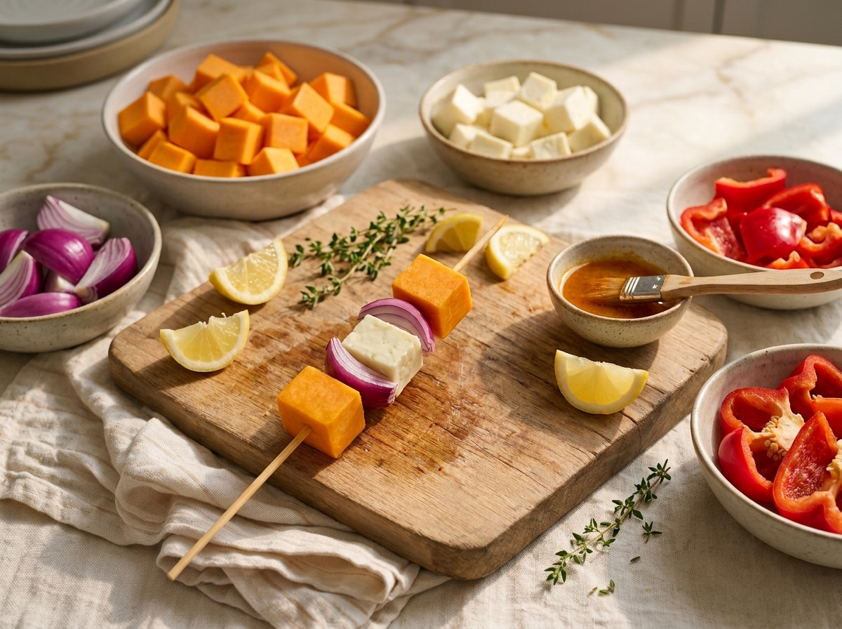 Close-up of raw squash, halloumi, and pepper cubes being threaded onto a wooden skewer over a marble counter
