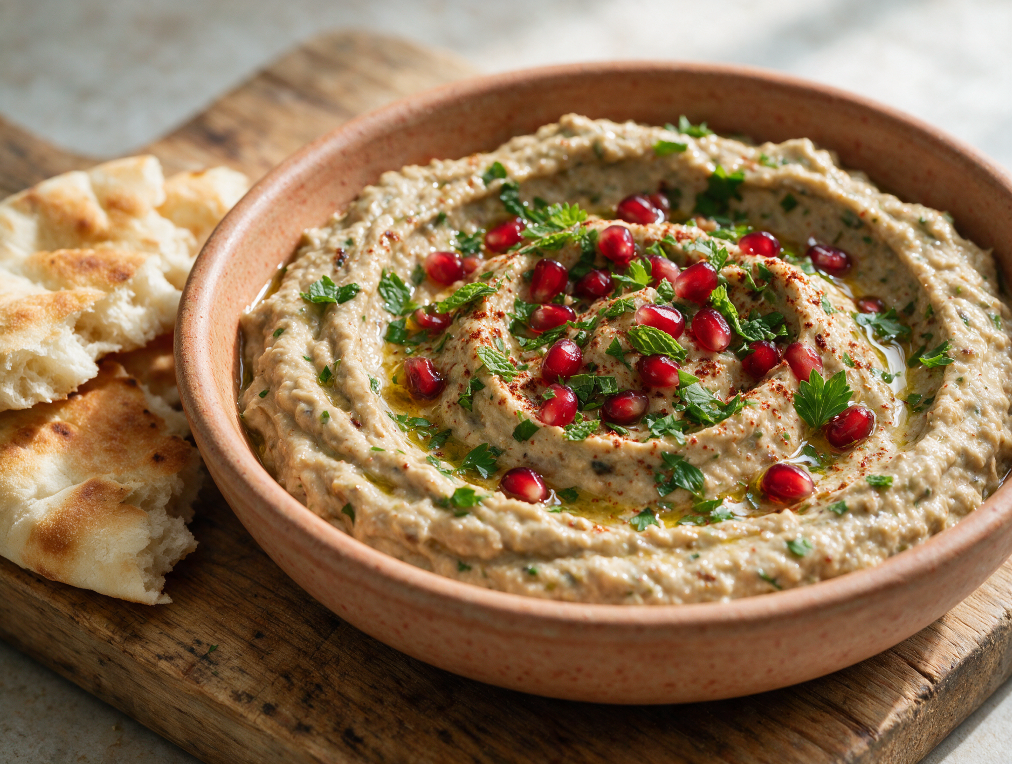 Bowl of smoky baba ganoush swirled with olive oil, topped with pomegranate seeds and chopped mint on a wooden board