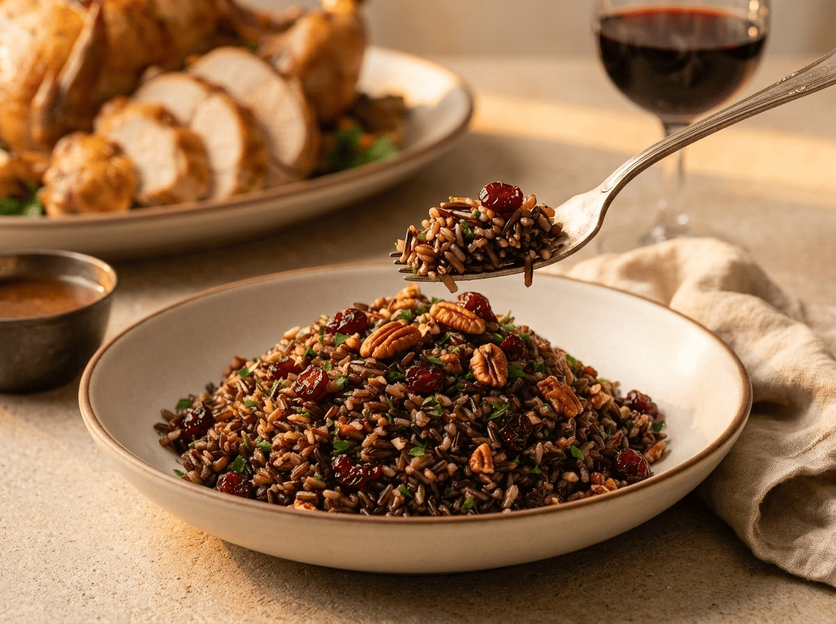 Wild rice and cranberry pilaf served family-style beside roast chicken and a glass of wine on a wood table.