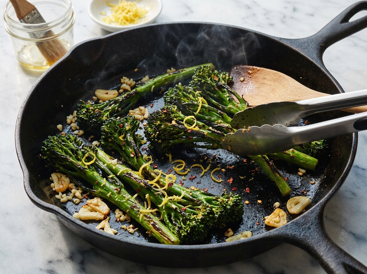 Broccolini sizzling in a cast-iron skillet, edges blackening as tongs turn the stalks over high heat with sliced garlic nearby.