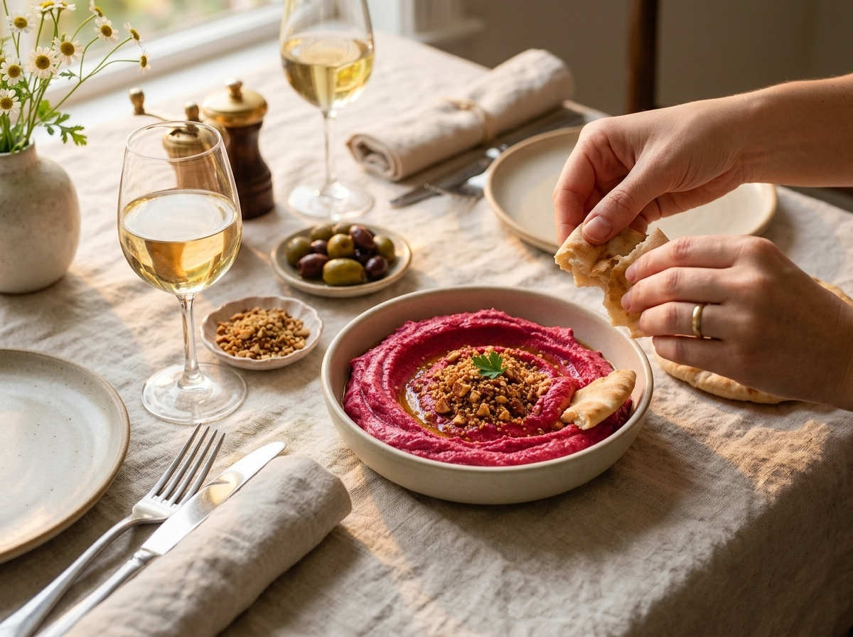 Hands tearing warm pita to scoop beetroot hummus at a linen-topped table with olives and a small dish of dukkah