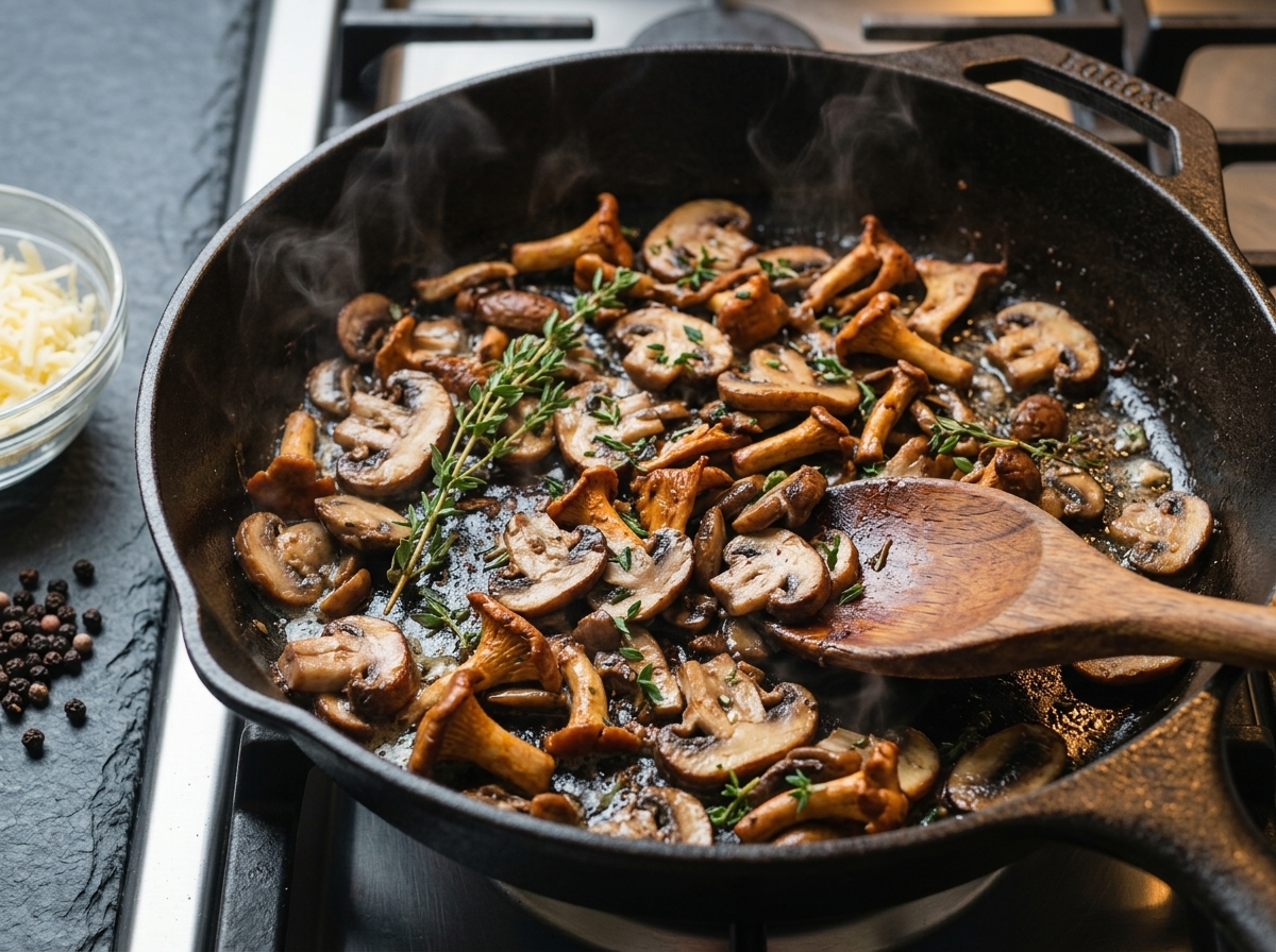 Sliced wild mushrooms browning in butter in a cast iron skillet, steam rising, wooden spoon stirring in fresh thyme.