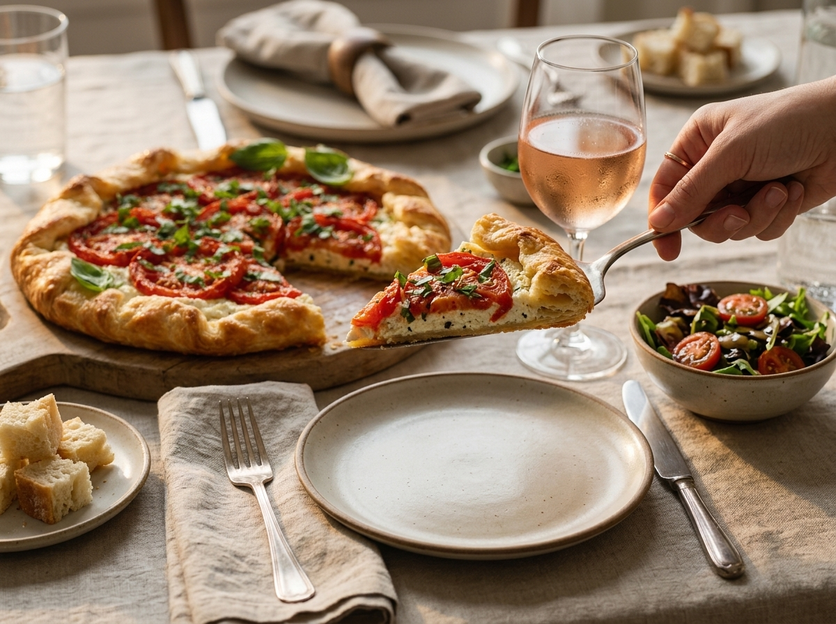 A hand lifting a wedge of tomato basil galette at a linen-covered table with a glass of chilled rosé nearby