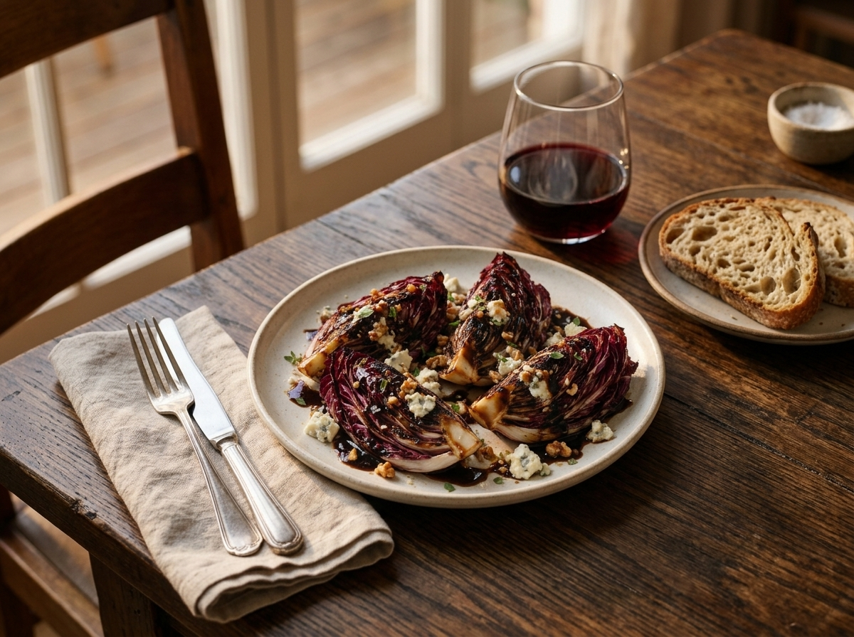 A rustic table set with grilled radicchio, a glass of red wine, and linen napkins in warm evening light.