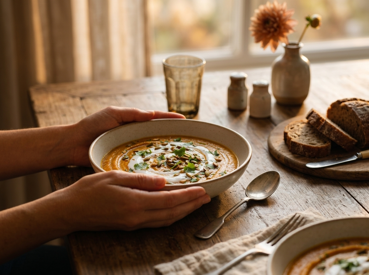 Hands holding a warm bowl of pumpkin coconut soup at a wooden table with crusty bread and a linen napkin nearby