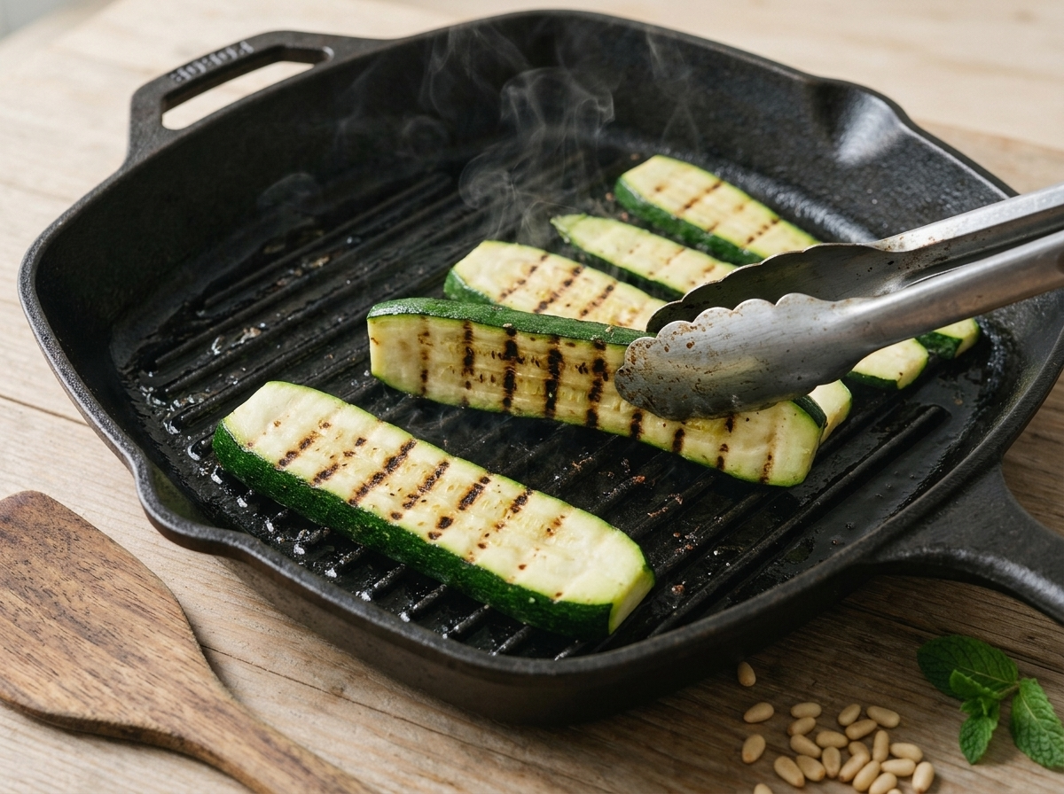 Courgette planks searing on a cast-iron grill pan with visible char marks while tongs flip one piece over