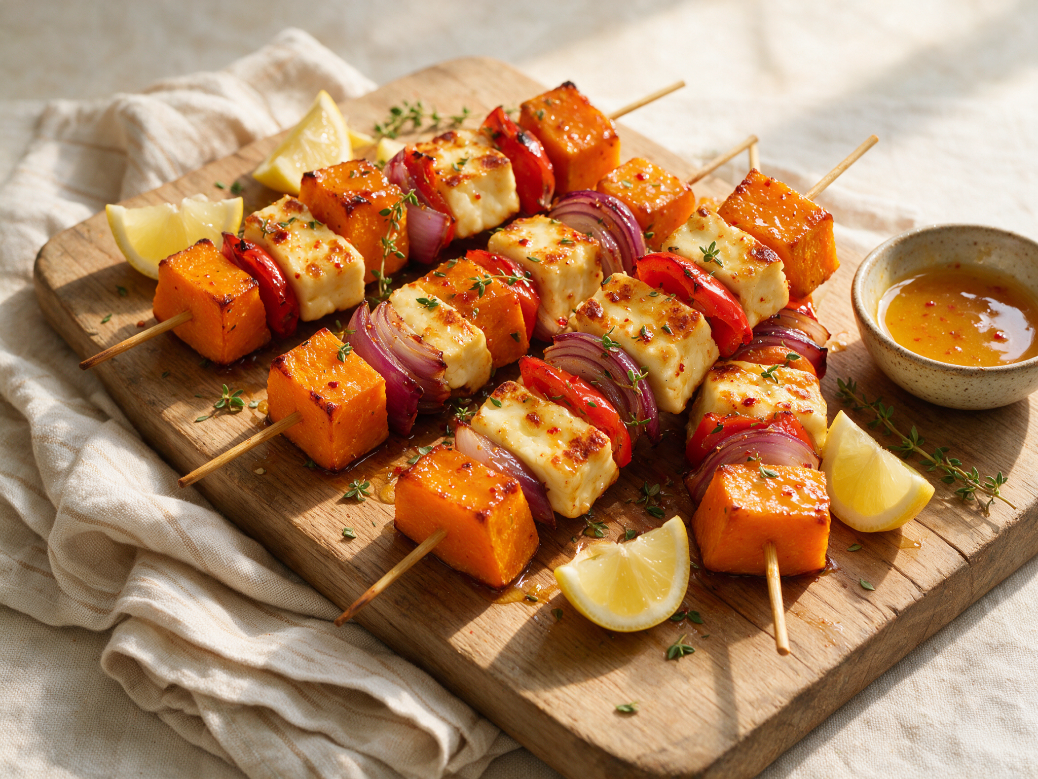 Overhead view of charred squash and halloumi skewers on a wooden board with lemon wedges and scattered thyme sprigs