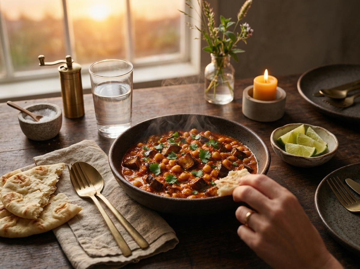 Two hands tearing warm naan beside a bowl of curry on a linen-topped table, evening light through a window.