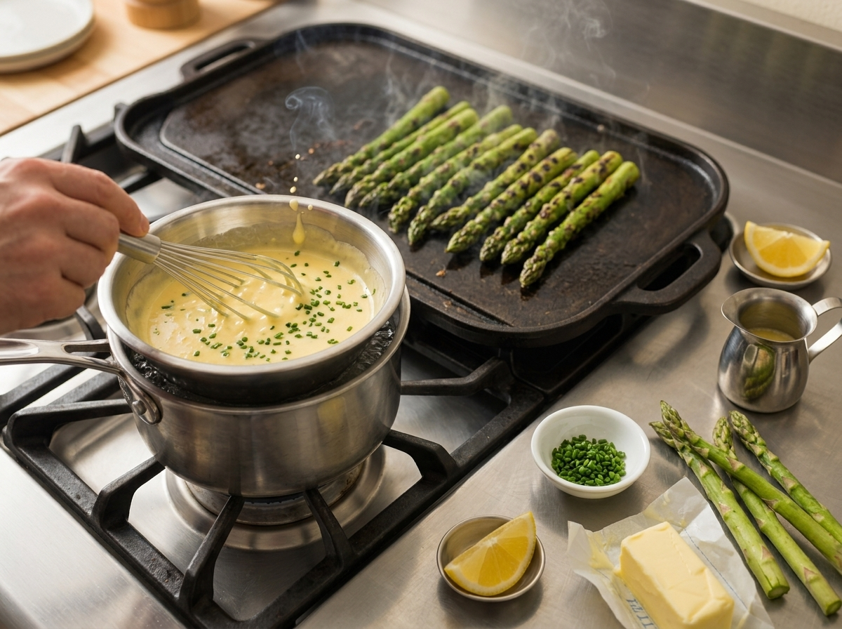 A whisk lifting thick hollandaise from a steel bowl set over a saucepan of simmering water on the stovetop.
