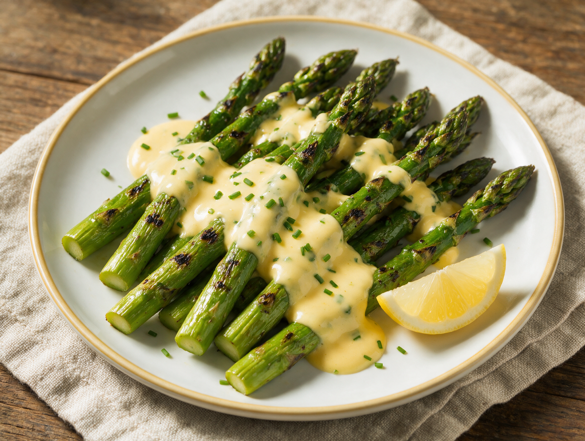 Charred asparagus spears fanned on a marble platter, drizzled with pale hollandaise and flecked with fresh chives.