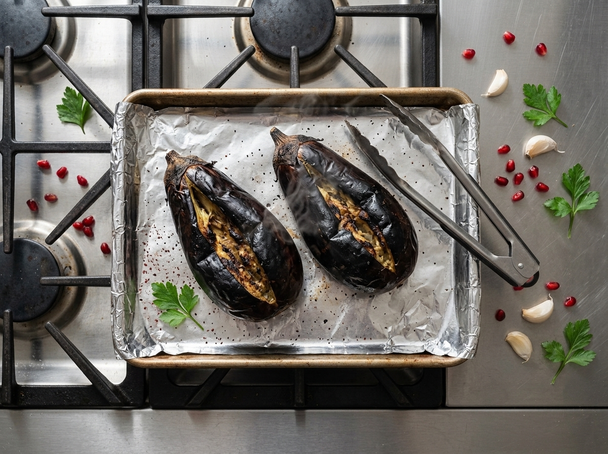 Two eggplants with blackened, blistered skins on a foil-lined sheet pan straight out of the broiler, steam rising