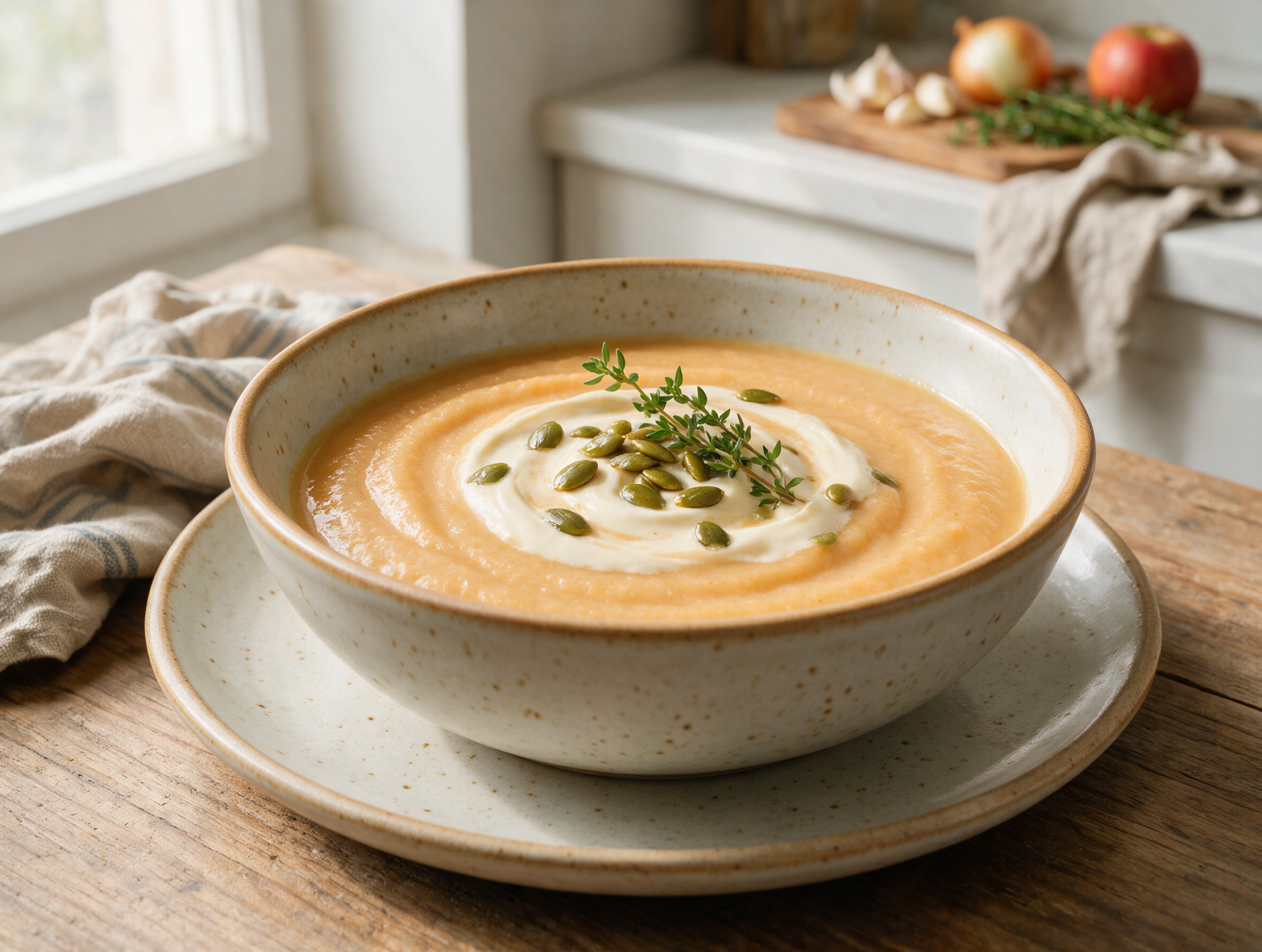 Bowl of pale orange roasted parsnip and apple soup with a cream swirl and toasted pumpkin seeds on a linen napkin