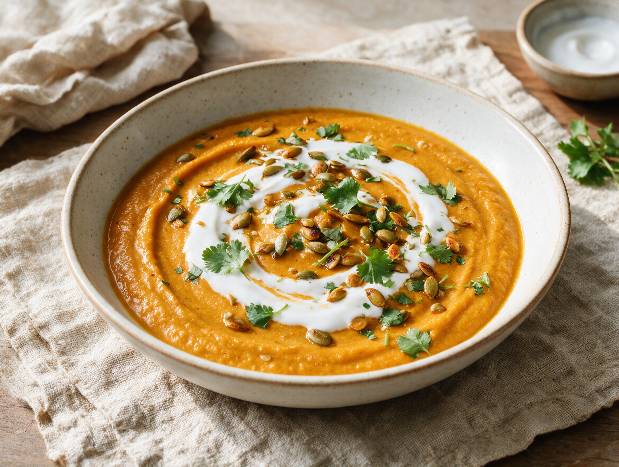 Overhead view of spiced pumpkin coconut soup with a coconut milk swirl and toasted pumpkin seeds in a ceramic bowl on linen
